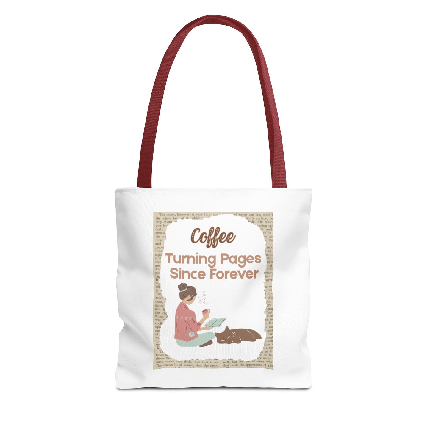 tote bag with red handles has the design: Coffee: Turning Pages Since Forever