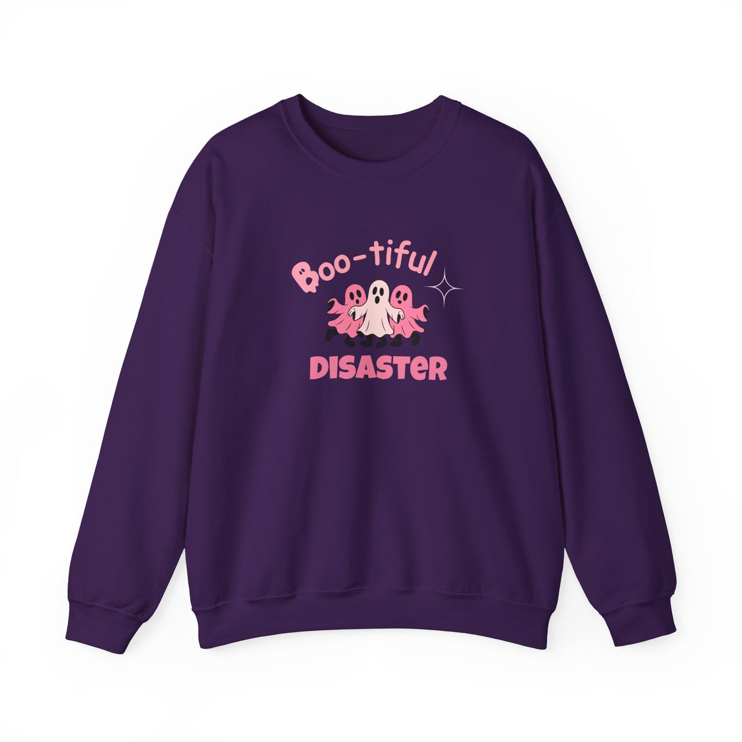 Purple sweatshirt with 'Boo-tiful Disaster' text and ghost graphic on a white background