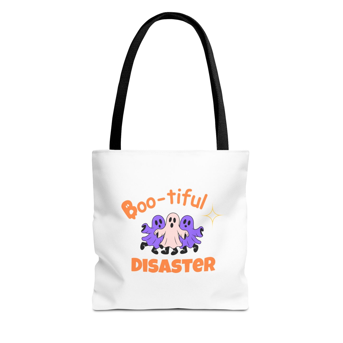 White tote bag with Halloween-themed design featuring ghosts and text on a white background