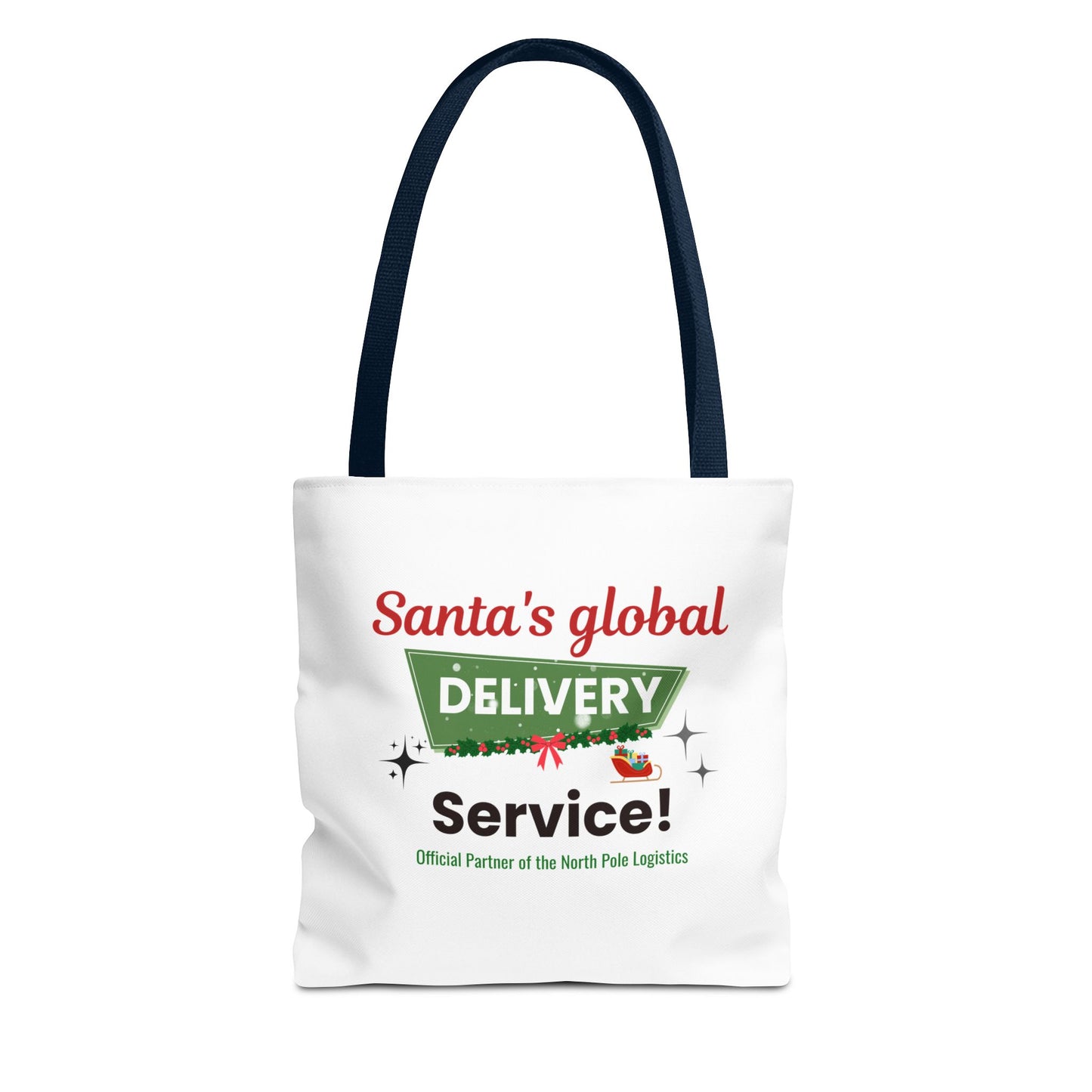Tote bag with navy handle and 'Santa's global delivery service' text on a white background