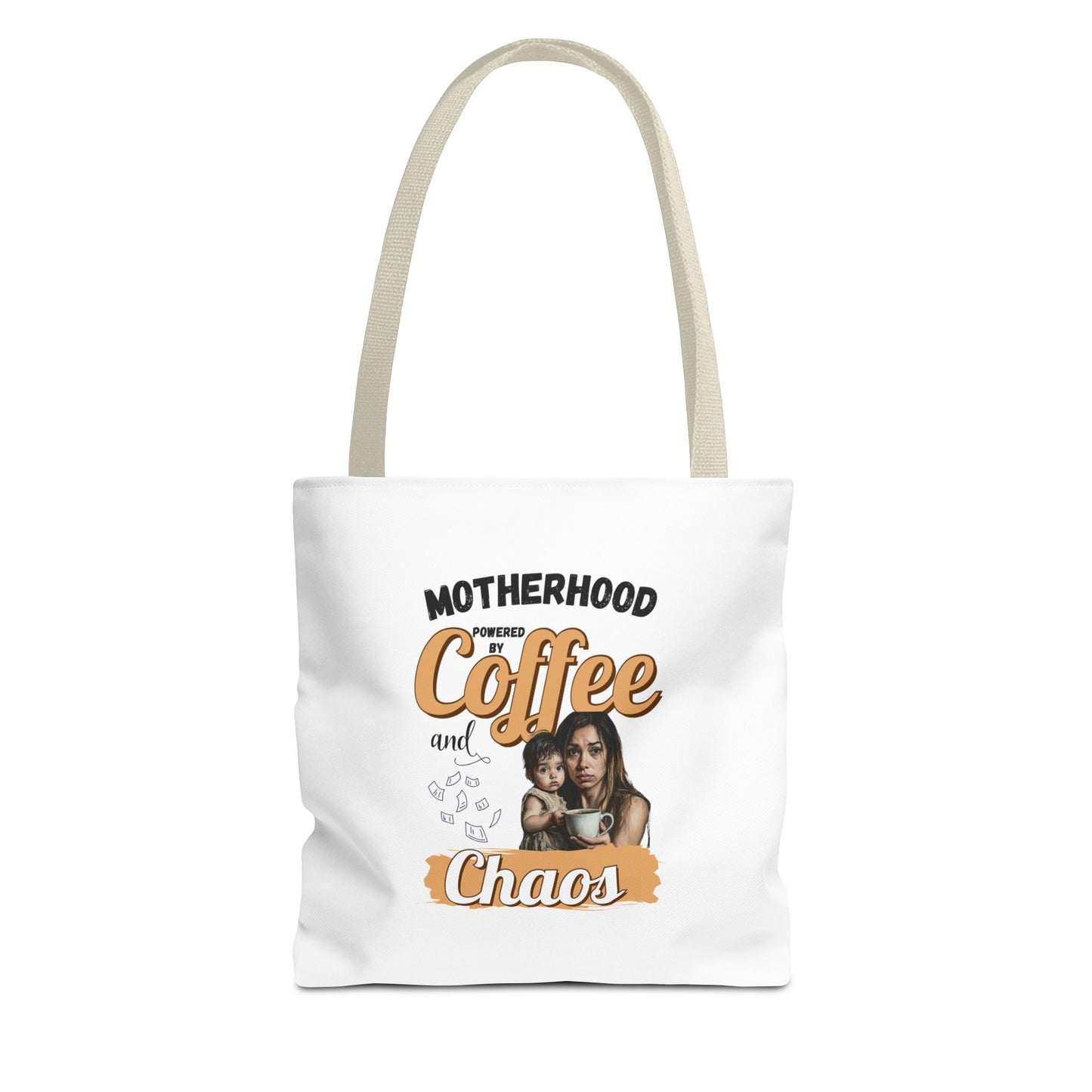 Tote bag with beige handle and 'Motherhood powered by Coffee and Chaos' text on a white background