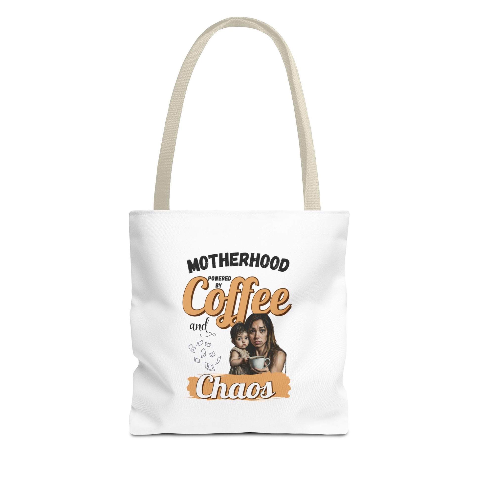 Tote bag with beige handle and 'Motherhood powered by Coffee and Chaos' text on a white background