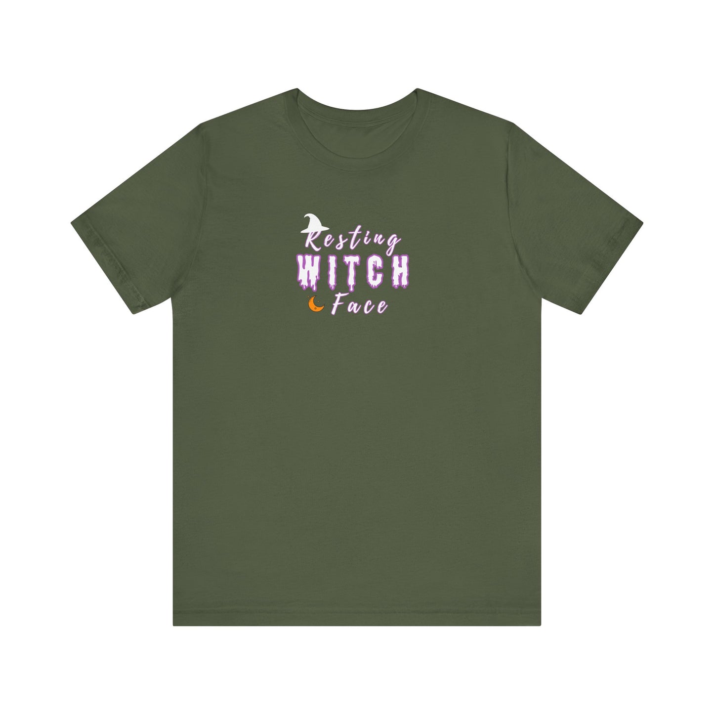 Green t-shirt with 'Resting Witch Face' text on a white background