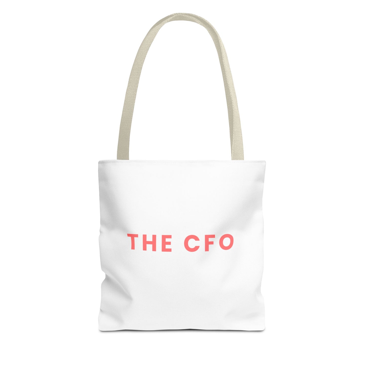 White tote bag with beige handles and 'THE CFO' text on a white background