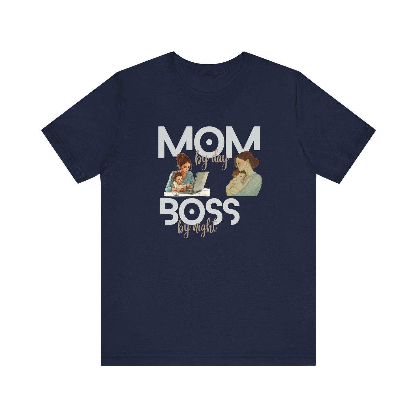 navy t-shirt with text 'Mom by day, boss by night'