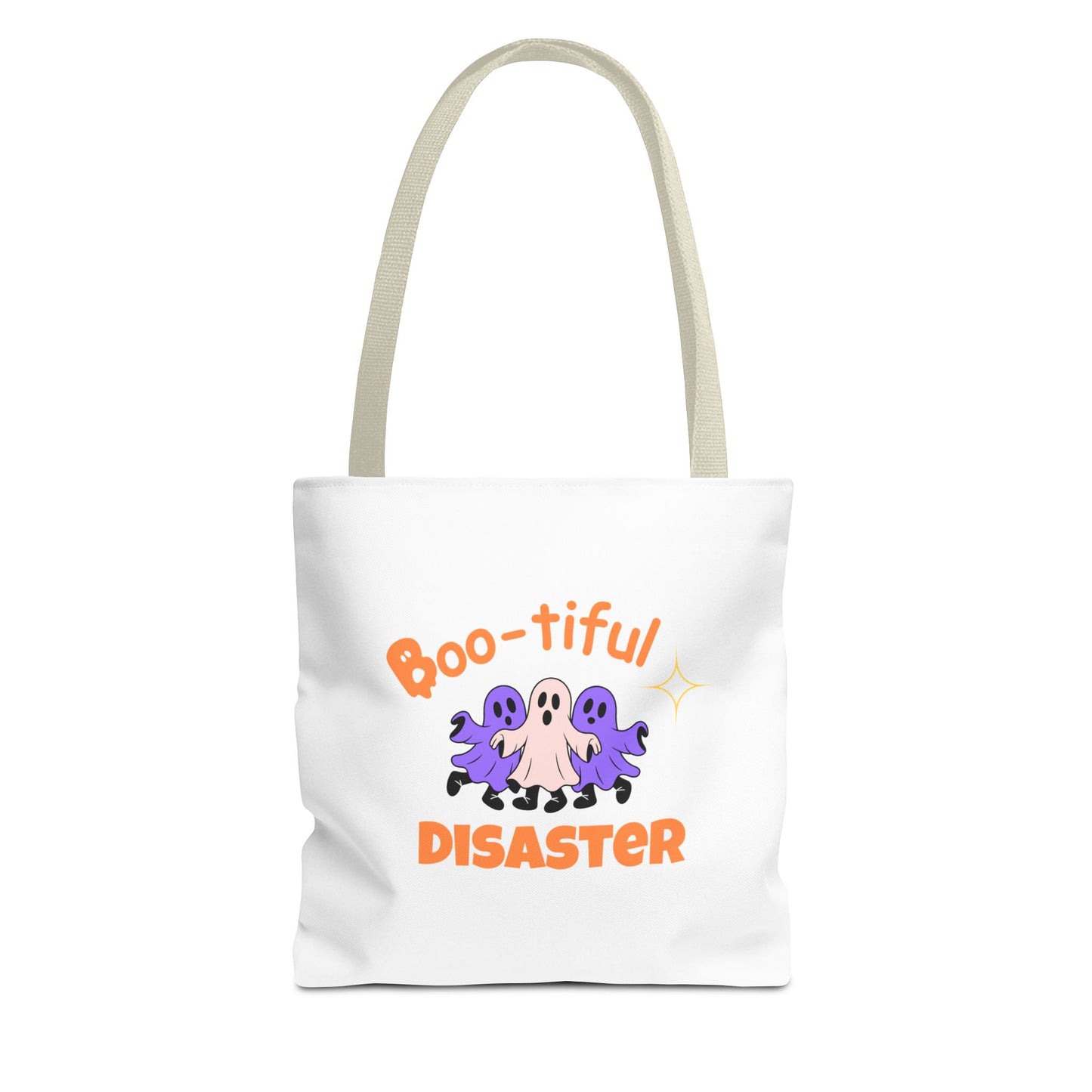 White tote bag with beige handle and text 'Boo-tiful Disaster' on a white background