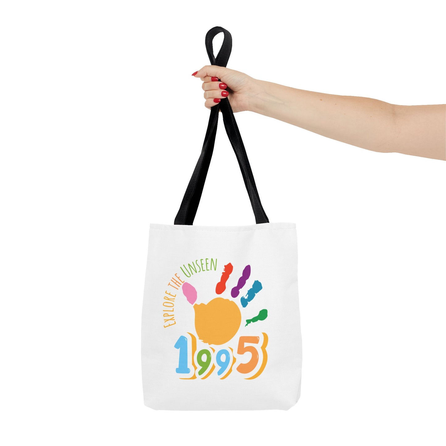 Explore the Unseen 1995 Tote Bag - Colorful Handprint Design