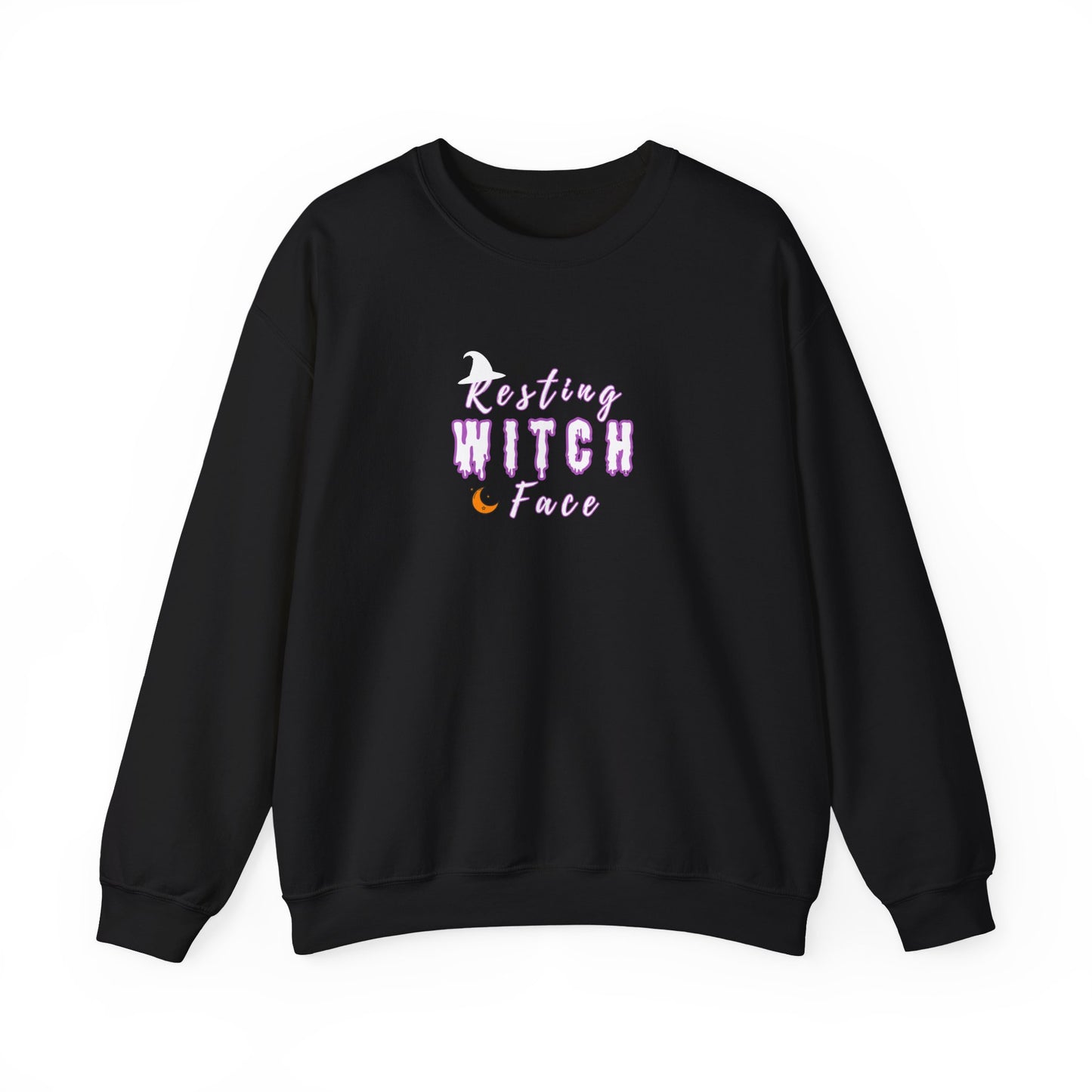 Black sweatshirt with 'Resting Witch Face' text on a white background