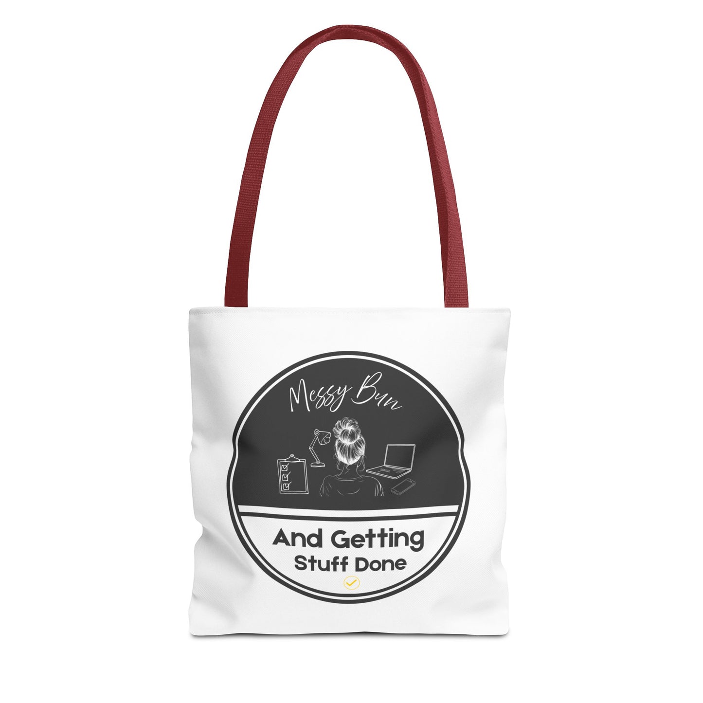 Messy bun tote bag with red handle