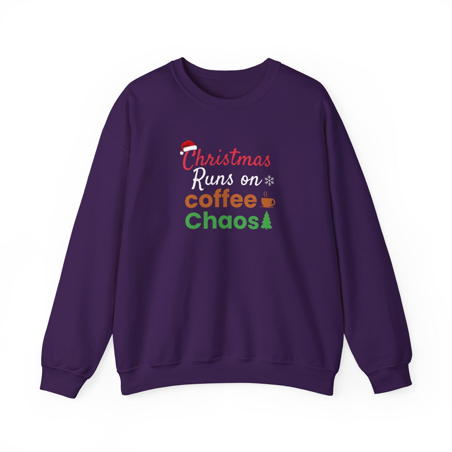Purple sweatshirt with text 'Christmas Runs on Coffee & Chaos' on a white background