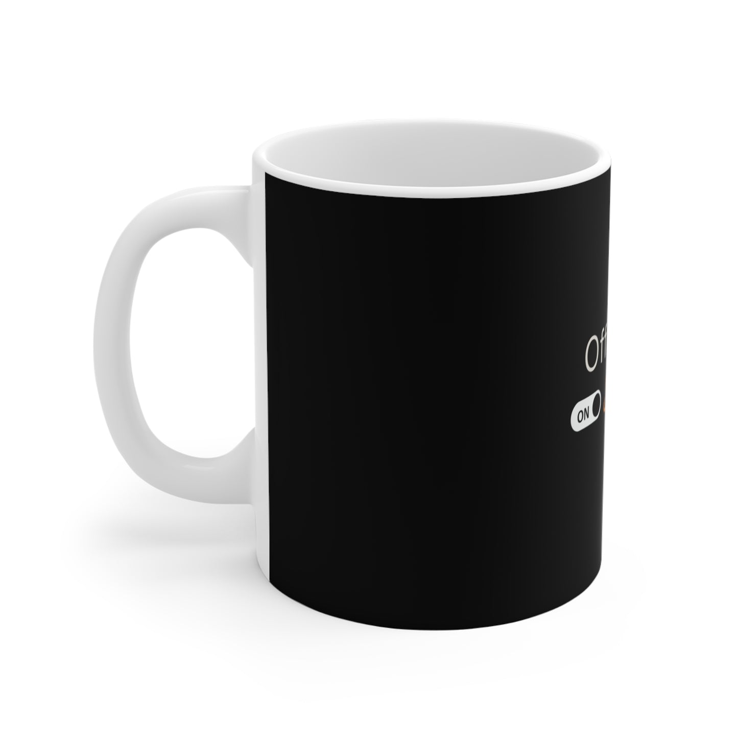 Left side of black mug design with text Office Zen, Sarcasm On with white handle on a white background