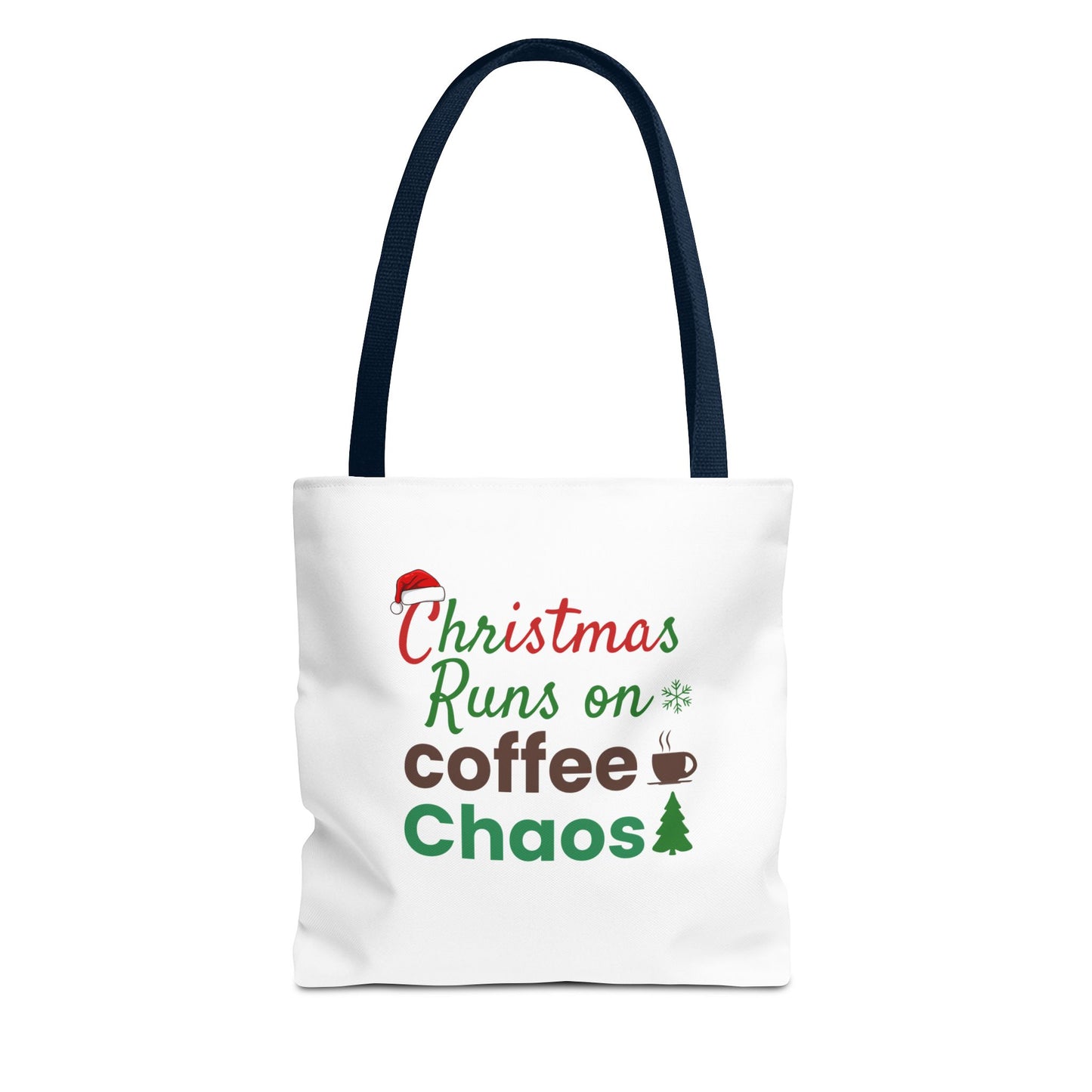 White tote bag with navy handle and Christmas-themed text and graphics on a white background