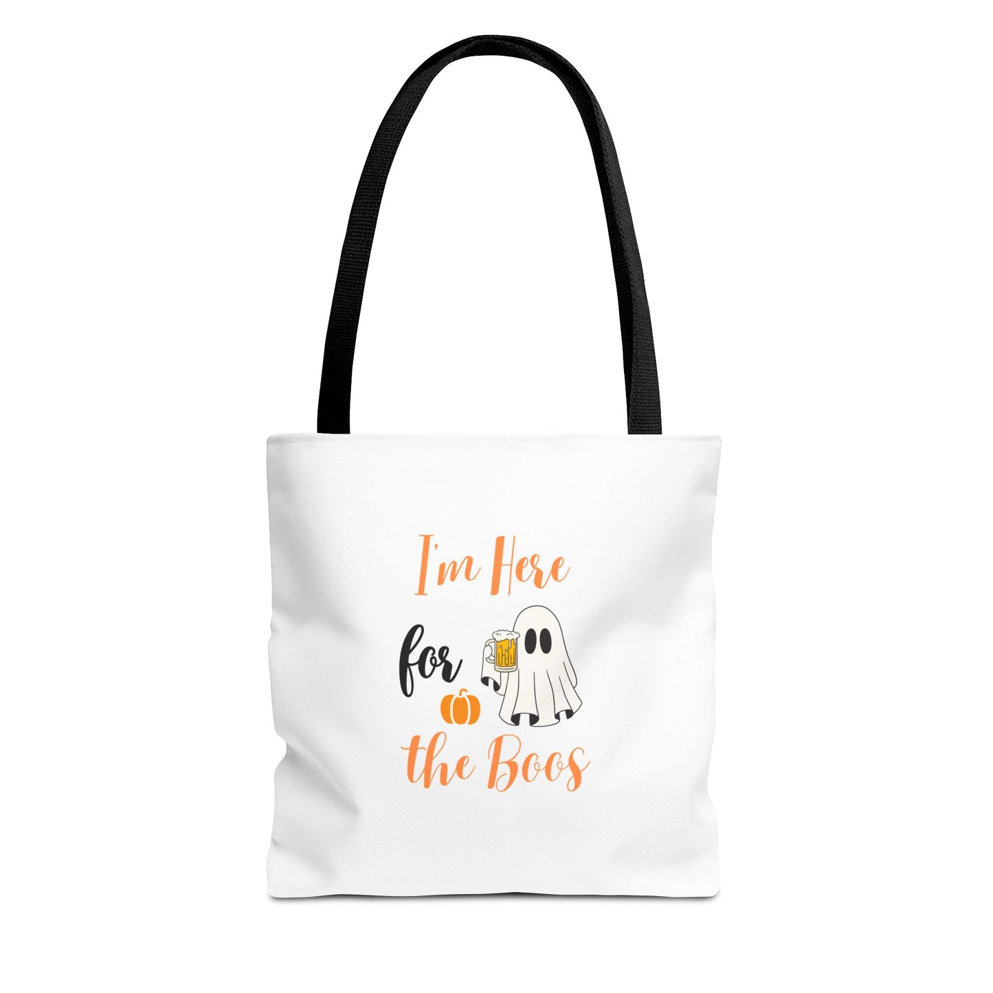Tote bag with Halloween design featuring a ghost and text on a white background