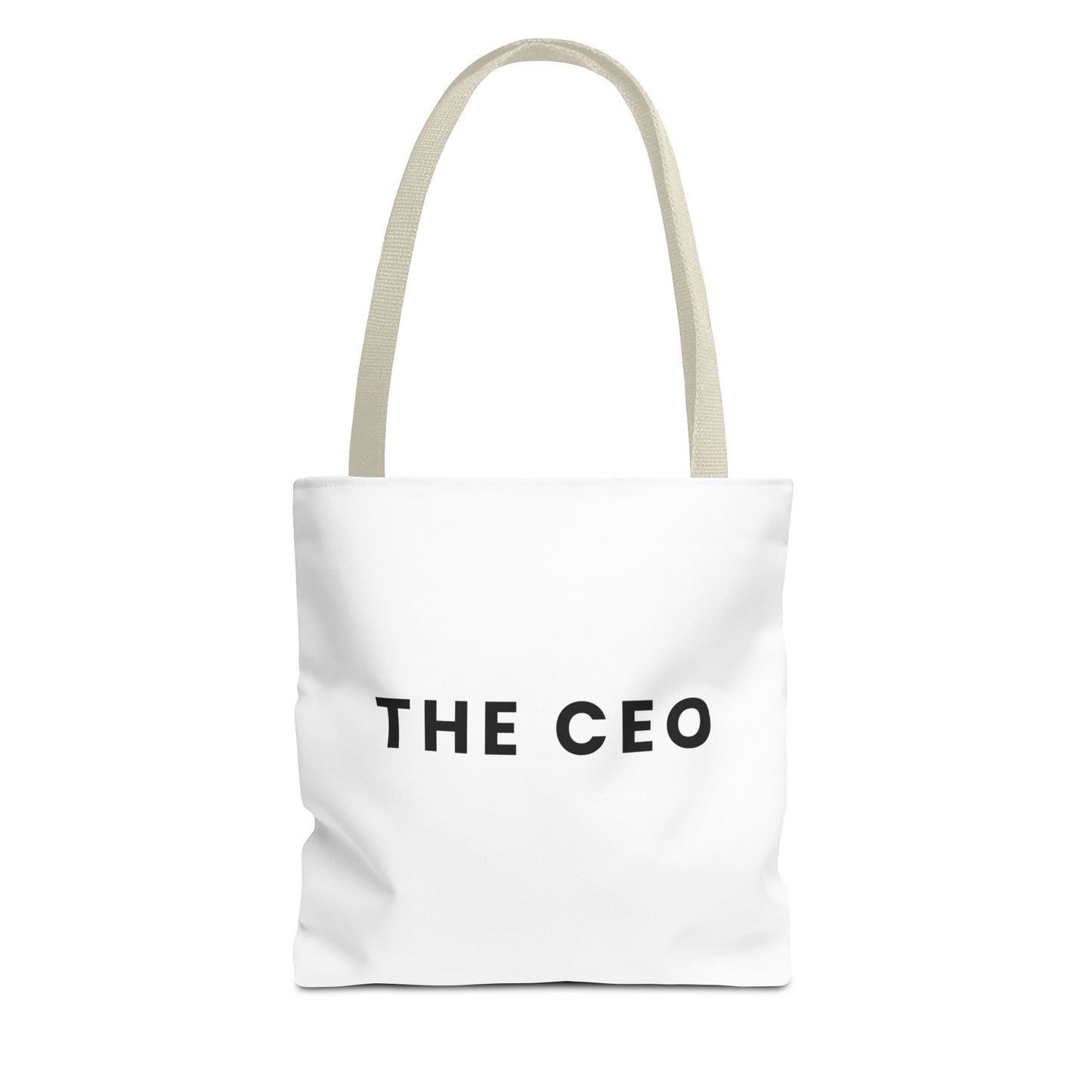 White tote bag with 'THE CEO' text and beige handles on a white background