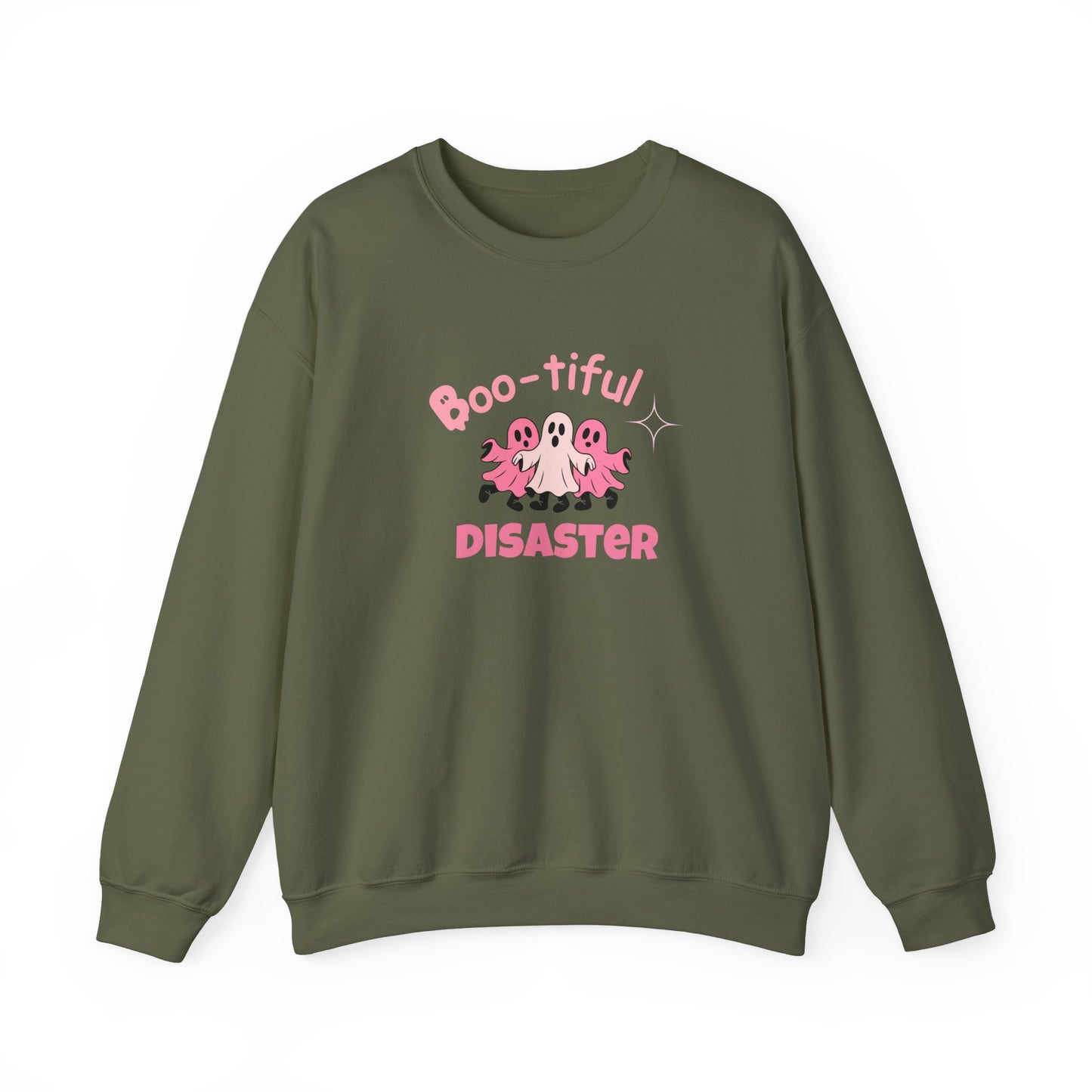 Green sweatshirt with text 'Boo-tiful Disaster' and ghost graphic on a white background