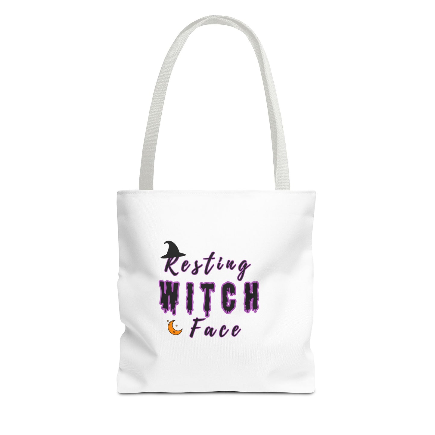 White tote bag with white handle and 'Resting Witch Face' text on a white background