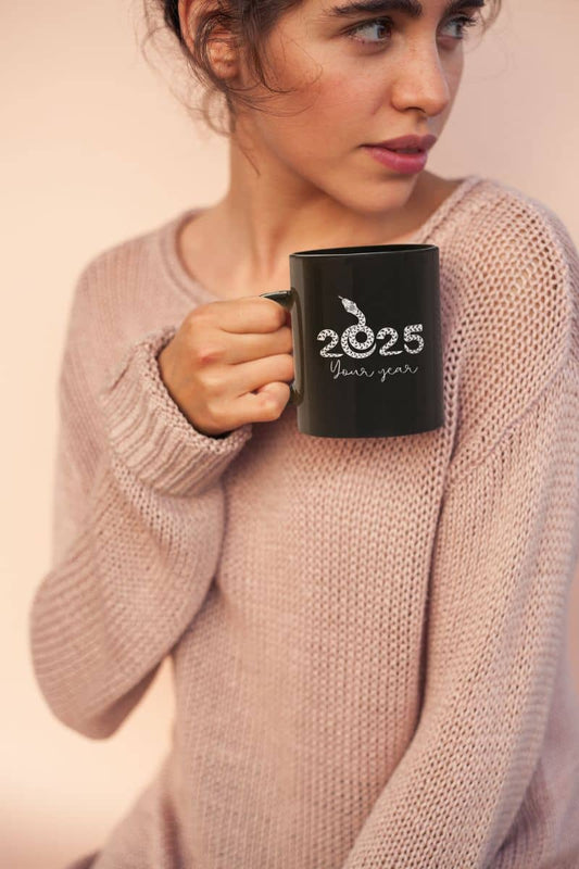 2025 Your Year Mug with a girl holding a cup and looking back