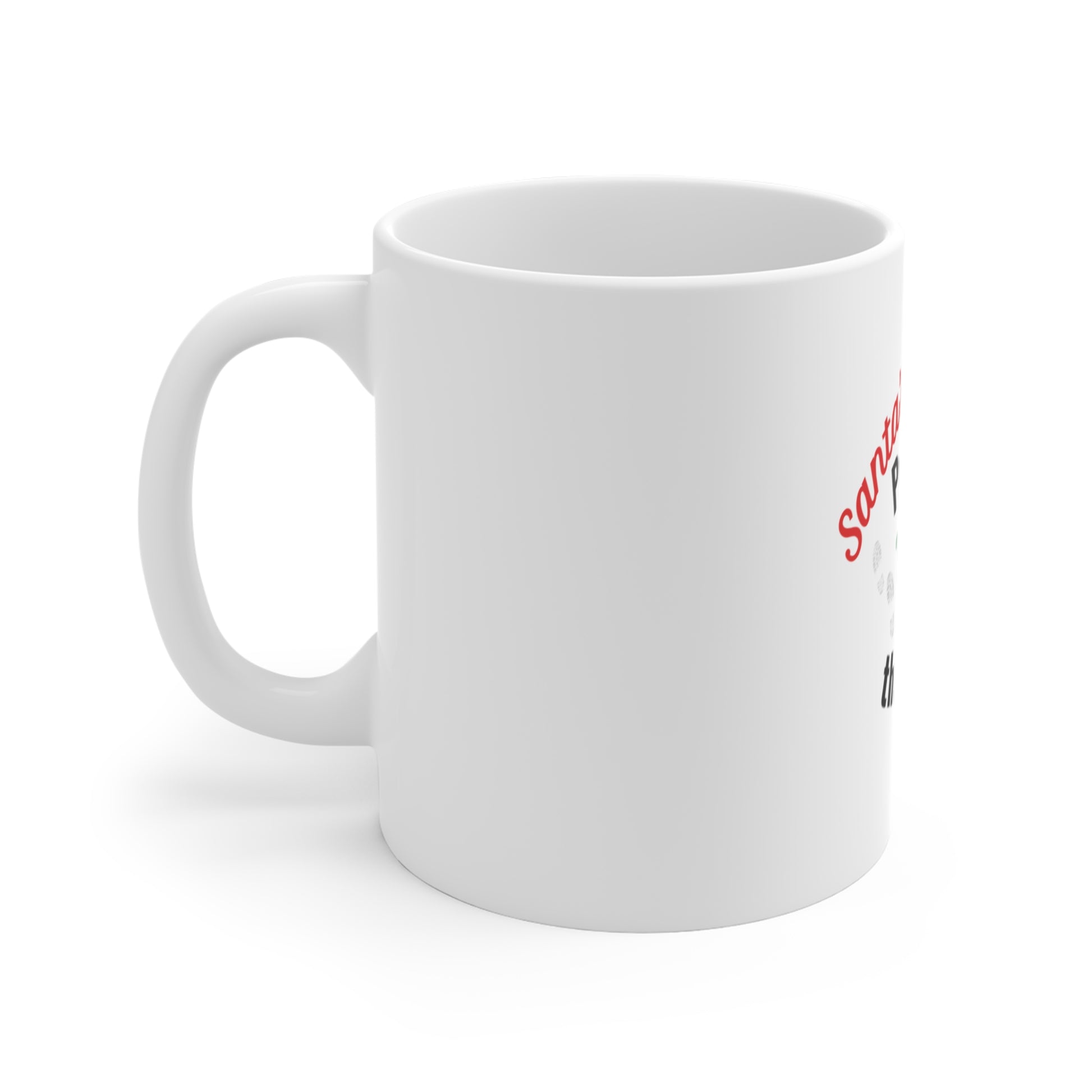 Left side view of white mug with text 'Santa's Footsteps - Proof He Walks The Walk!' on a white background