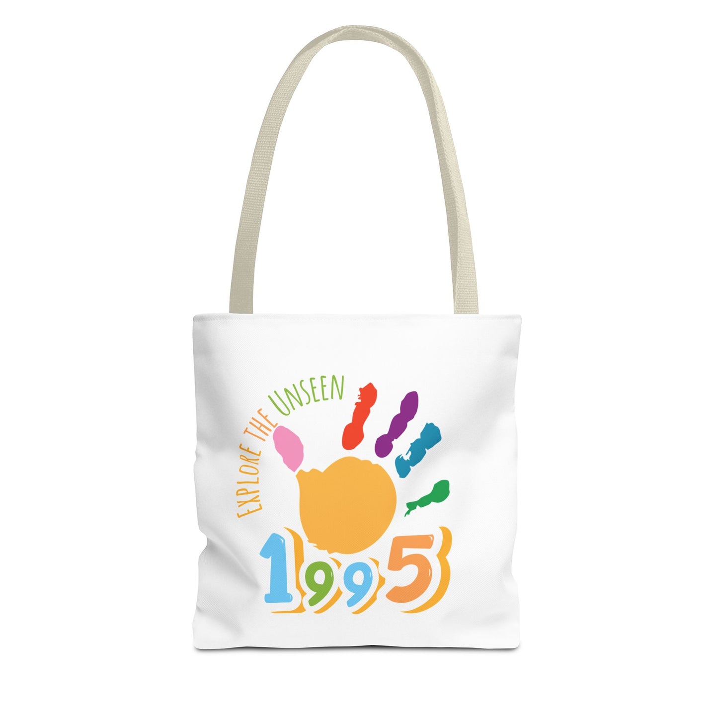 Explore the Unseen 1995 Tote Bag - Colorful Handprint Design