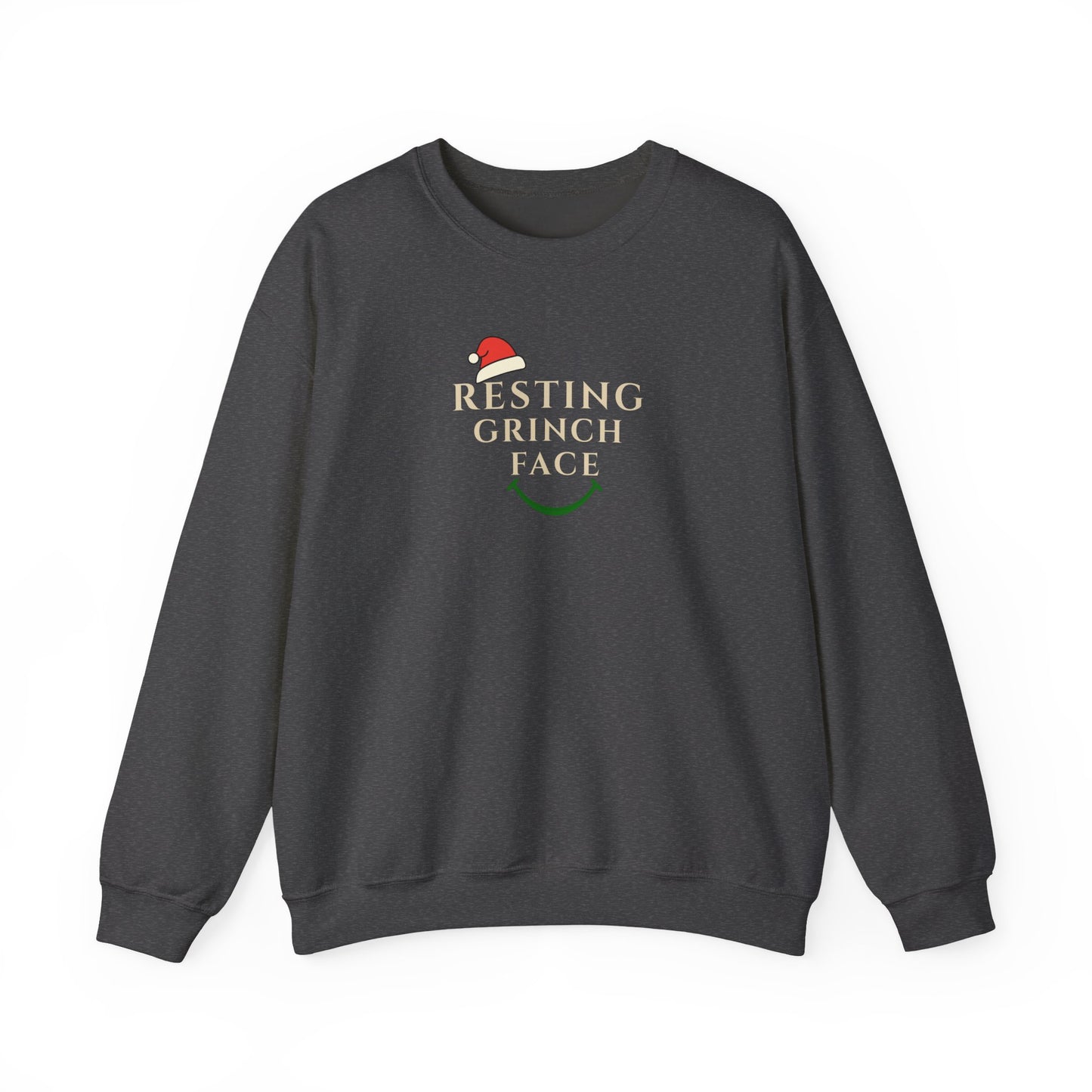 Dark gray sweatshirt with 'Resting Grinch Face' text and graphic on a white background