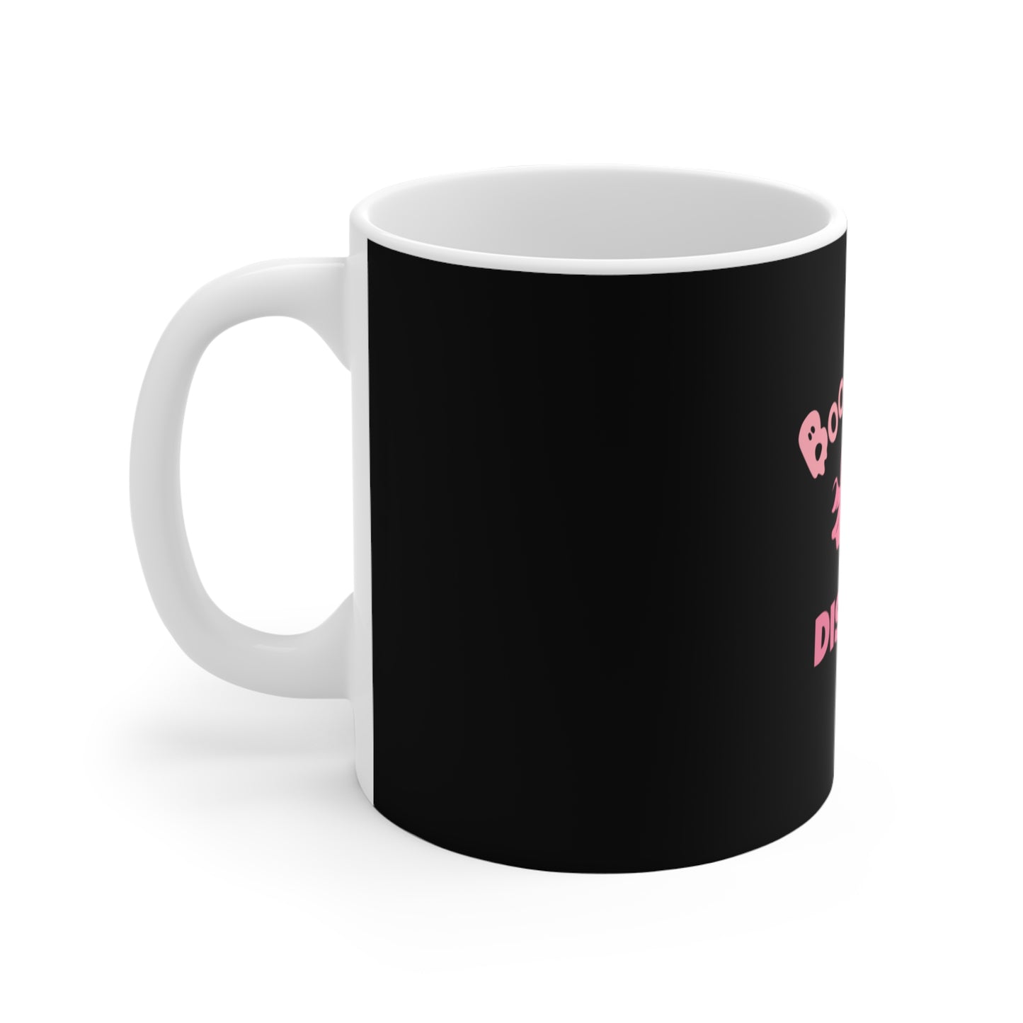 Left side view of 'Boo-tiful Disaster' mug with pink text on a white background