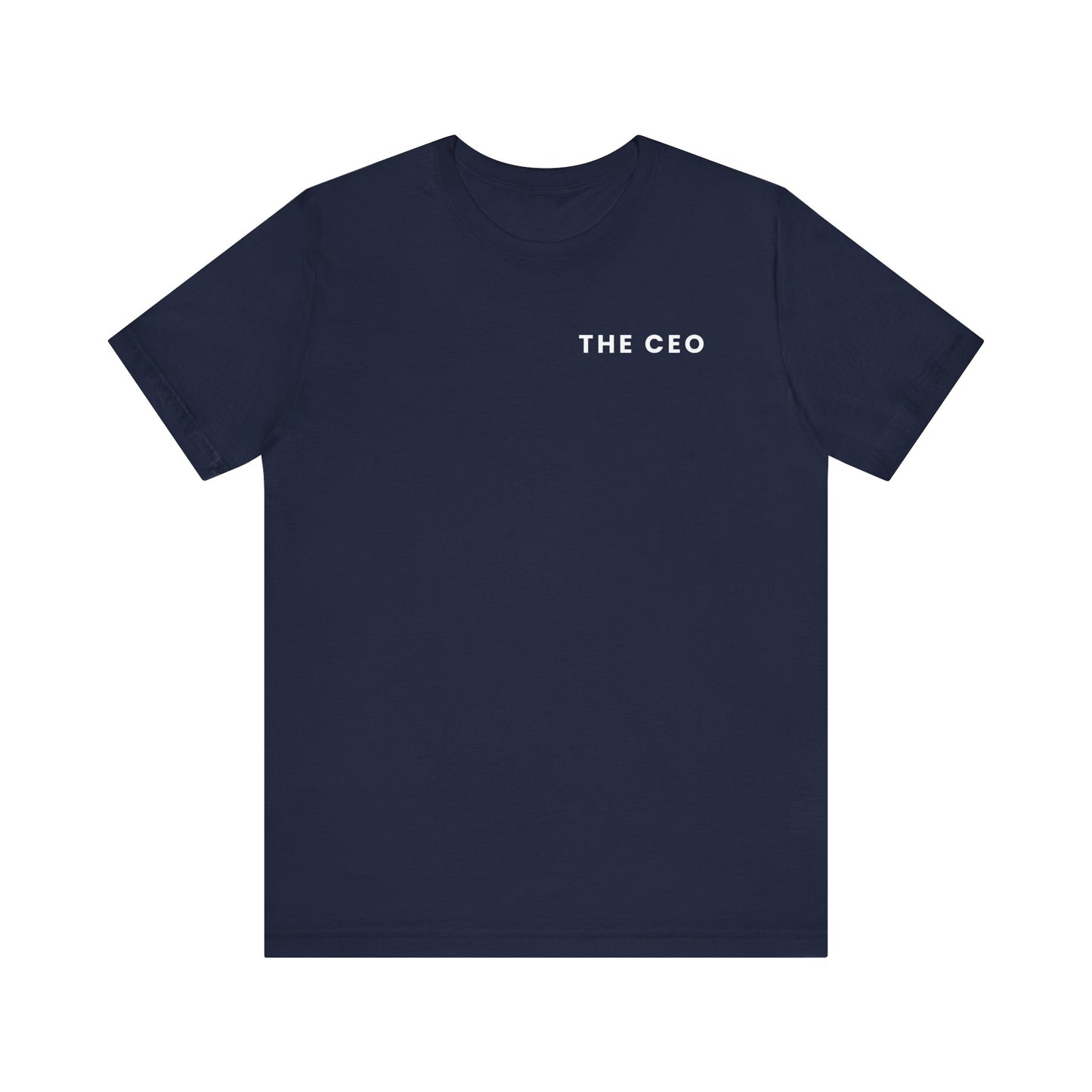 Navy blue t-shirt with 'THE CEO' text on a white background