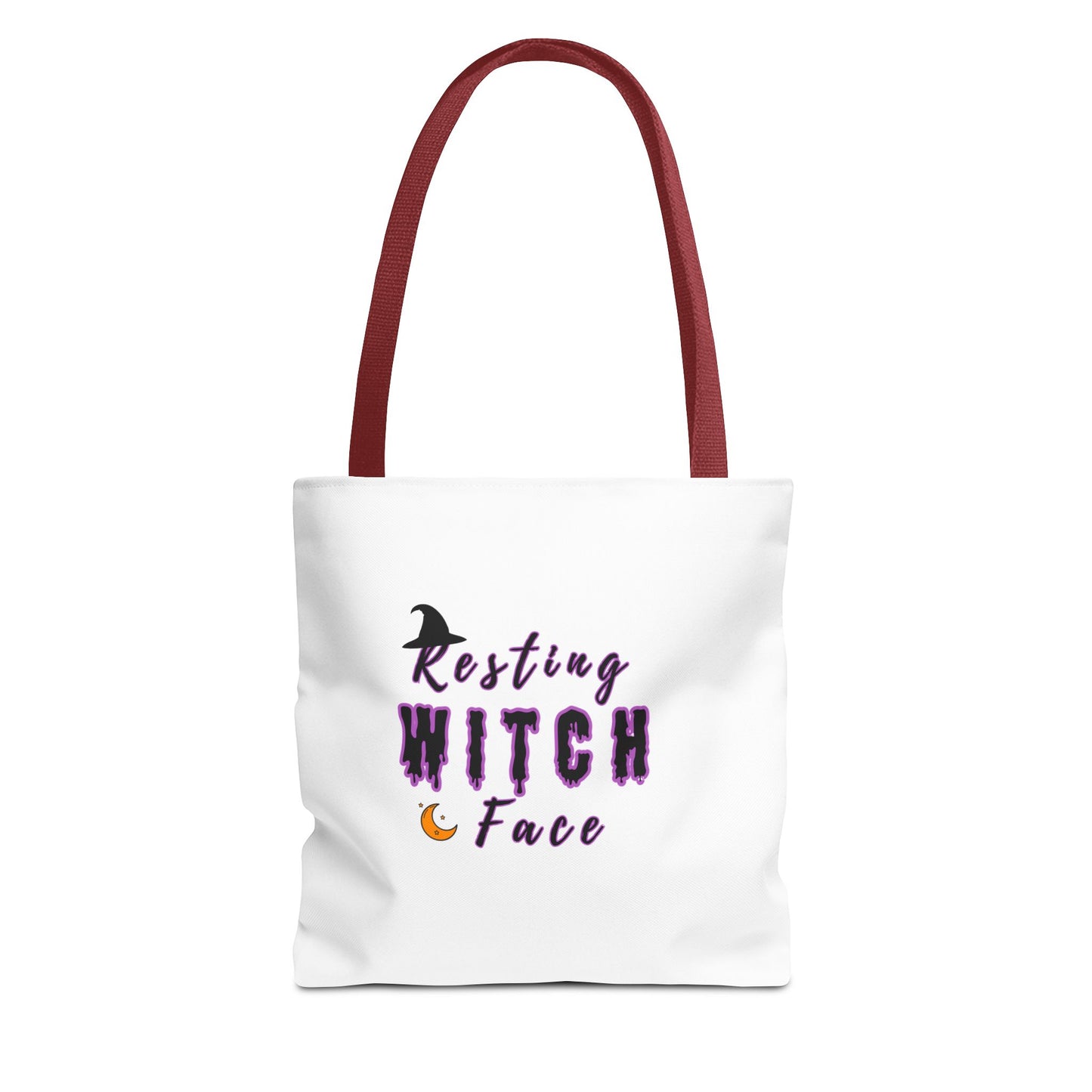 Tote bag with red handle and 'Resting Witch Face' text on a white background