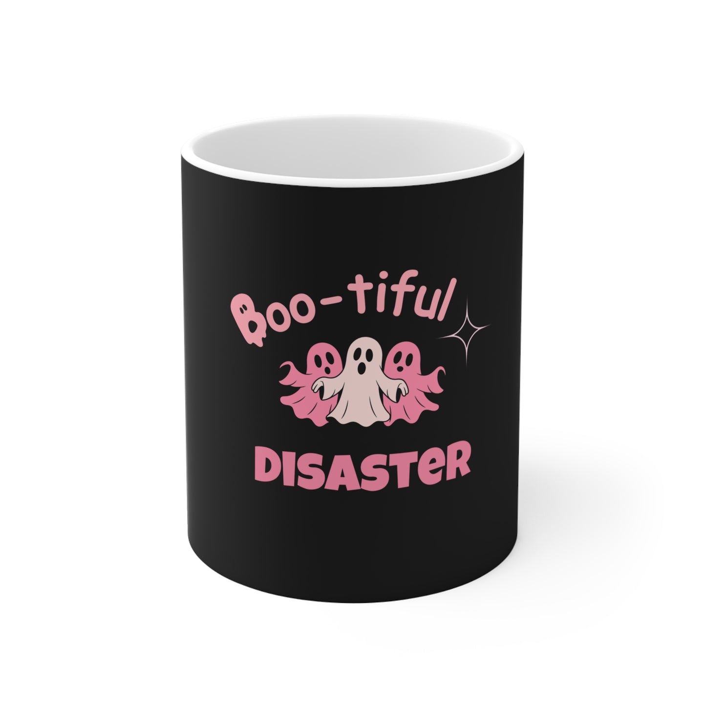 Black mug with text 'Boo-tiful Disaster' and ghost design on a white background