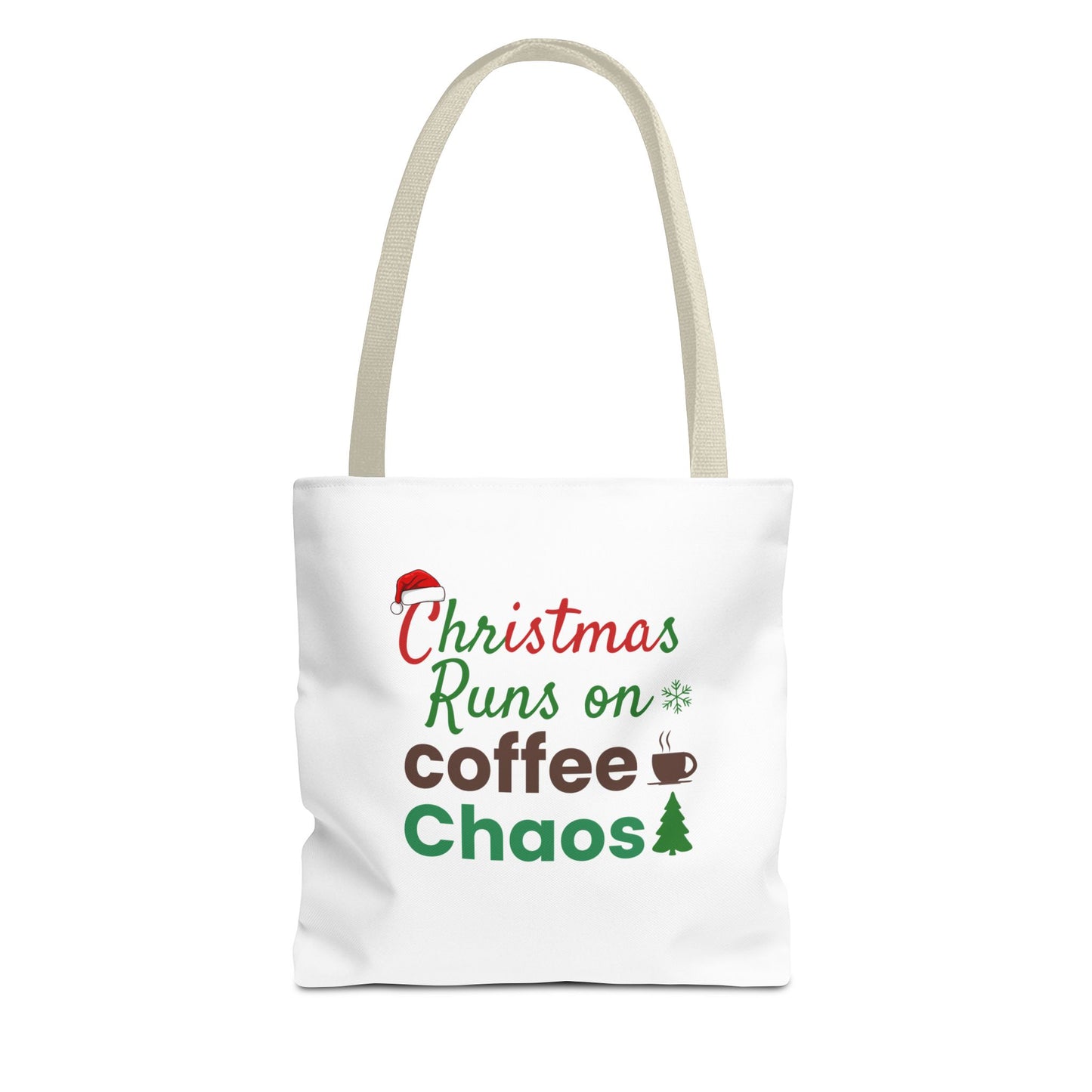 White tote bag with beige handle Christmas-themed text and graphics on a white background