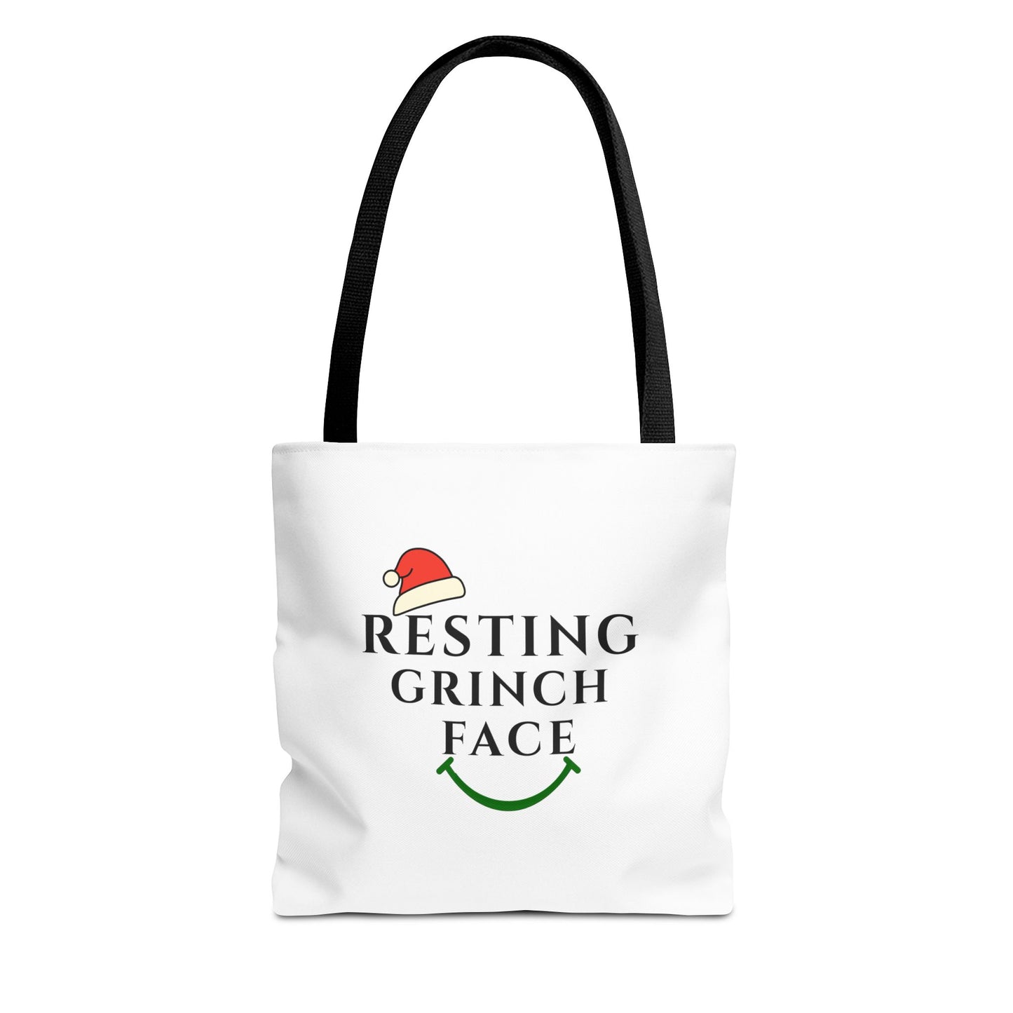 White tote bag with black handle and text 'Resting Grinch Face' on a white background