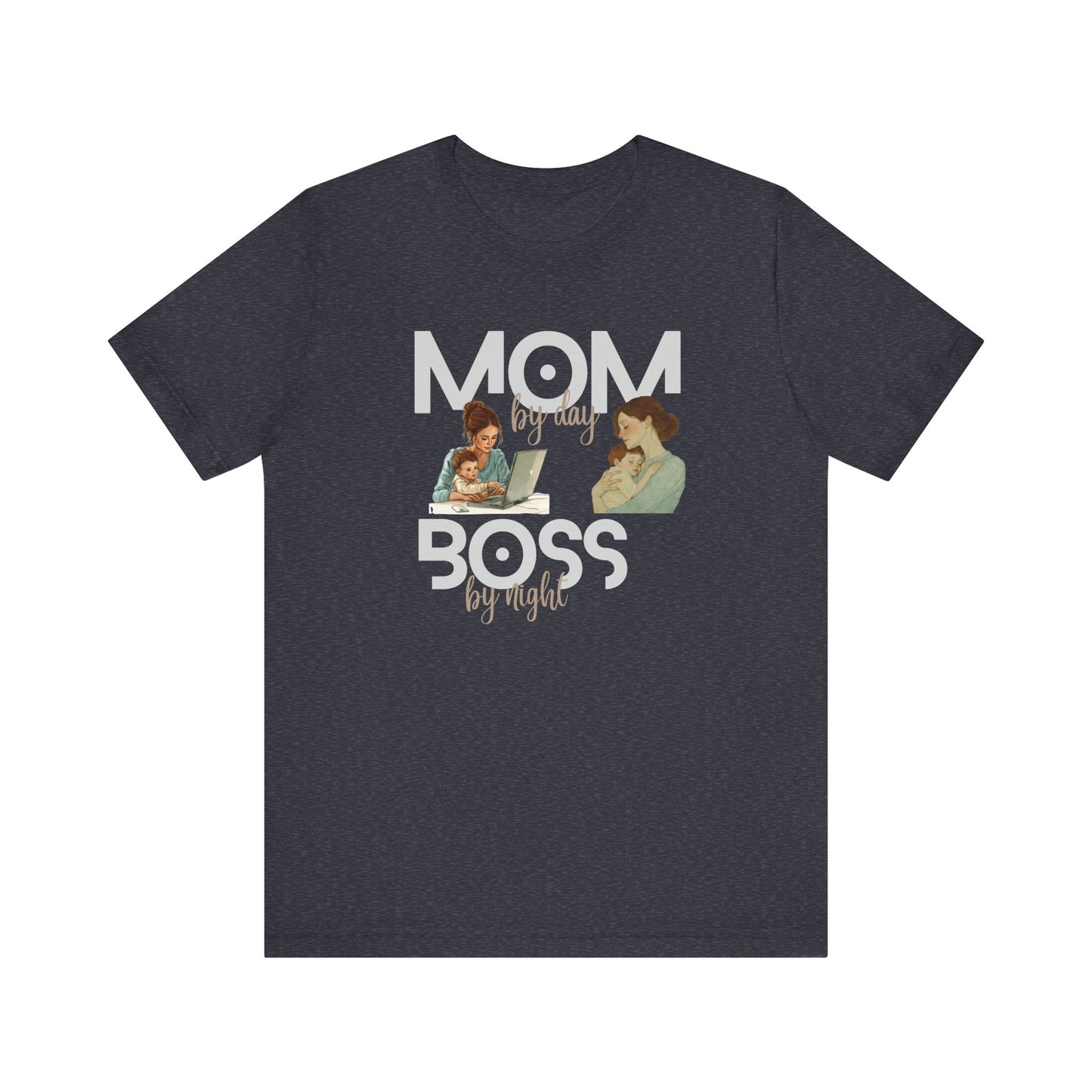 heather navy t-shirt with text 'Mom by day, boss by night'