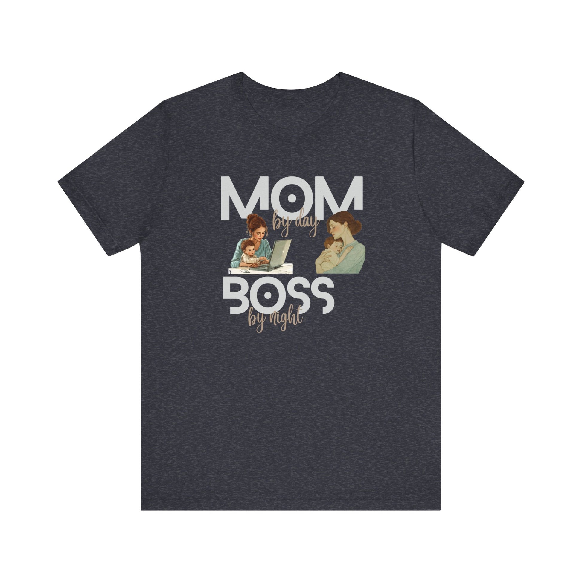 heather navy t-shirt with text 'Mom by day, boss by night'