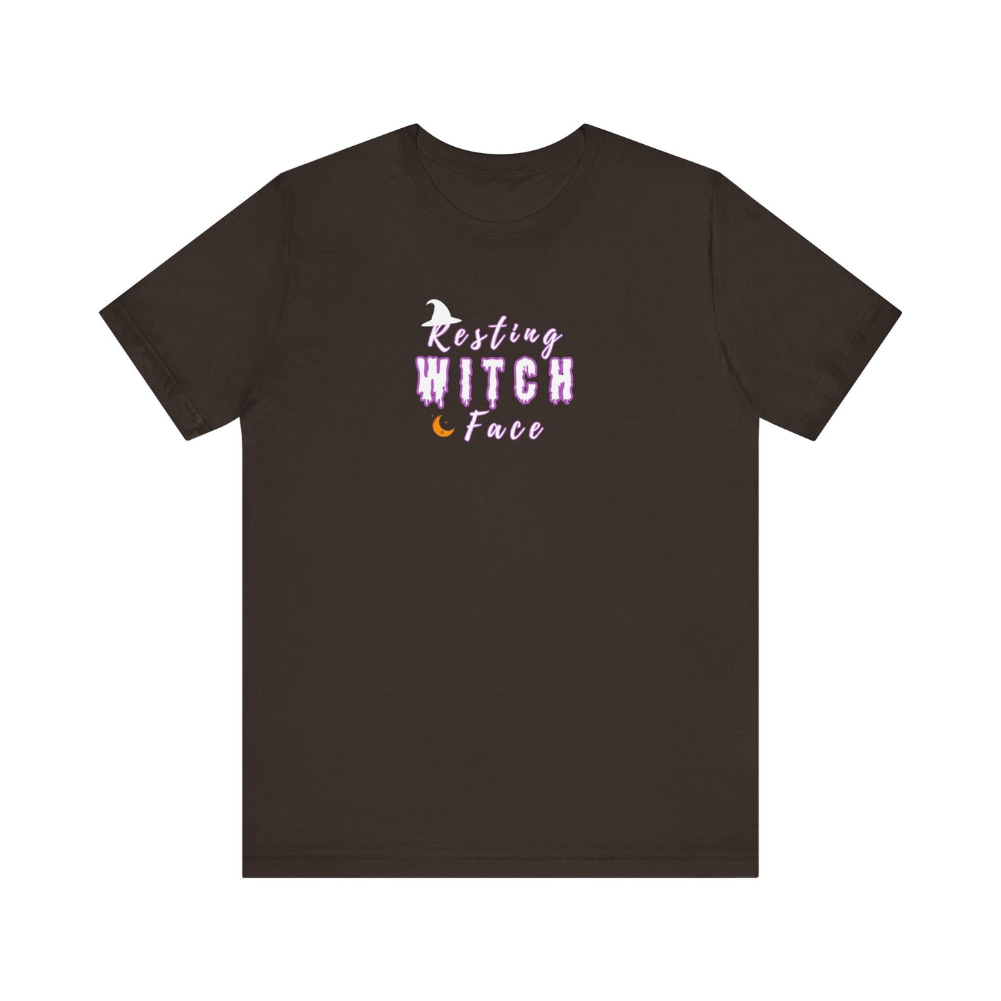 Brown t-shirt with 'Resting Witch Face' text on a white background