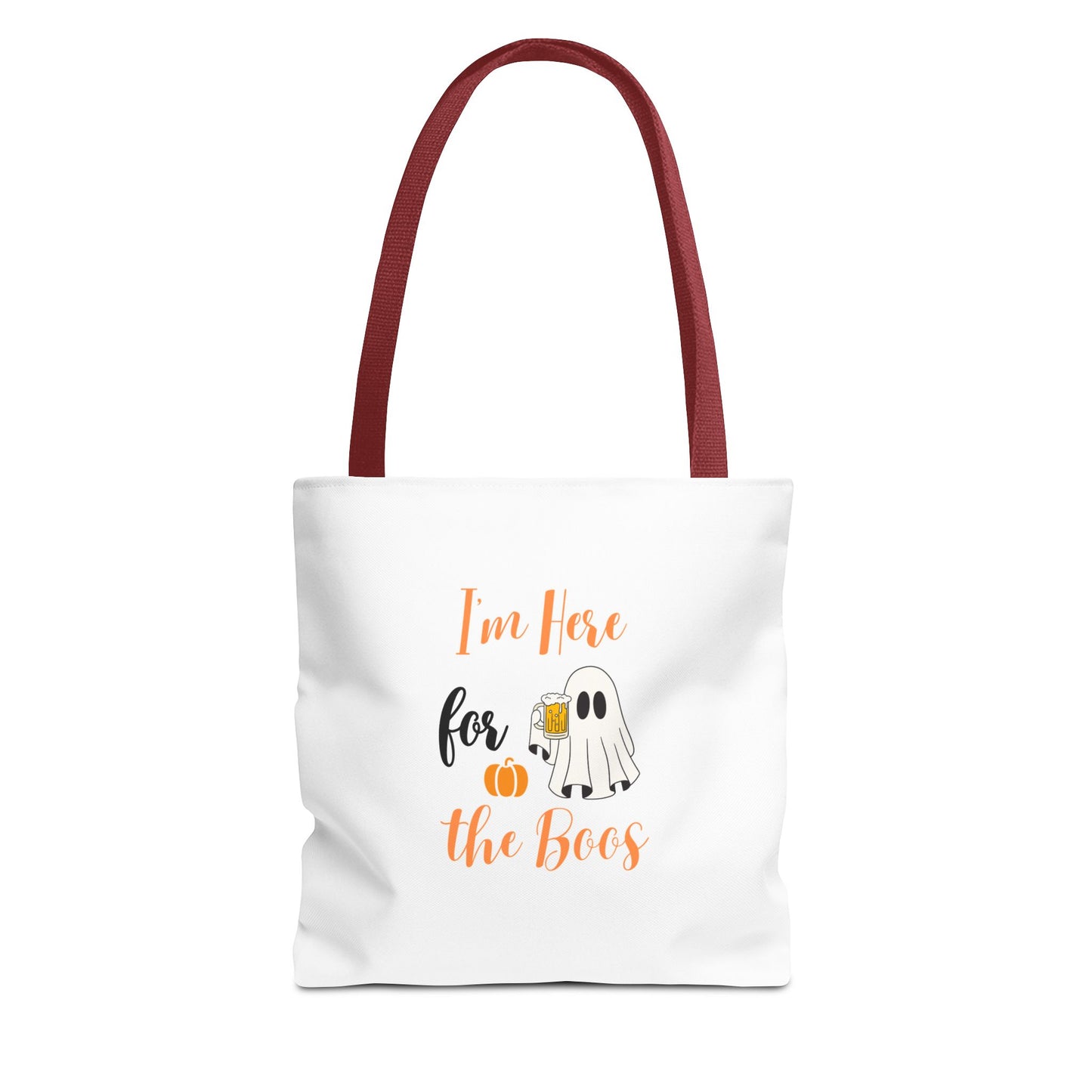 Tote bag with red handle and text 'I’m Here for the Boos' on a white background