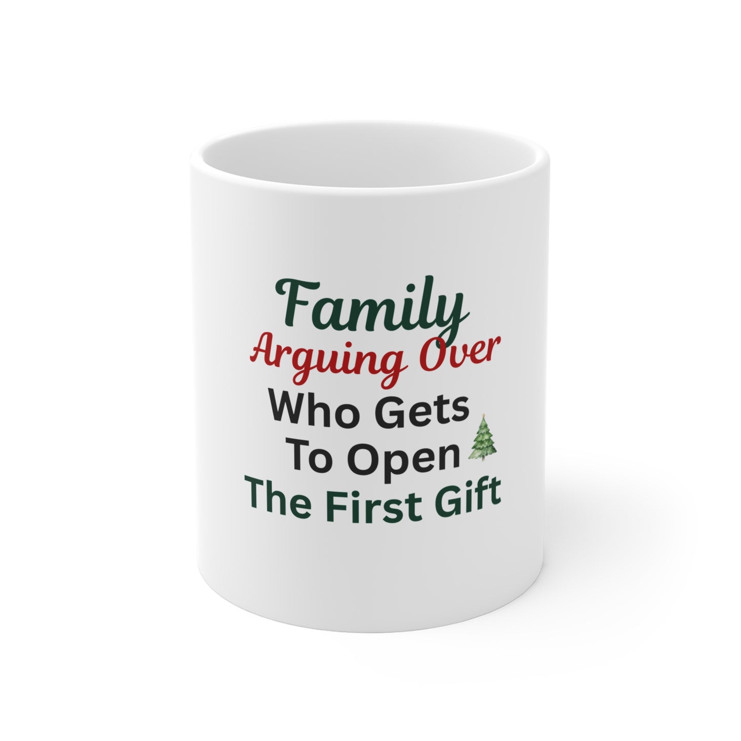 White mug with humorous text about family arguments over Christmas gifts on a white background