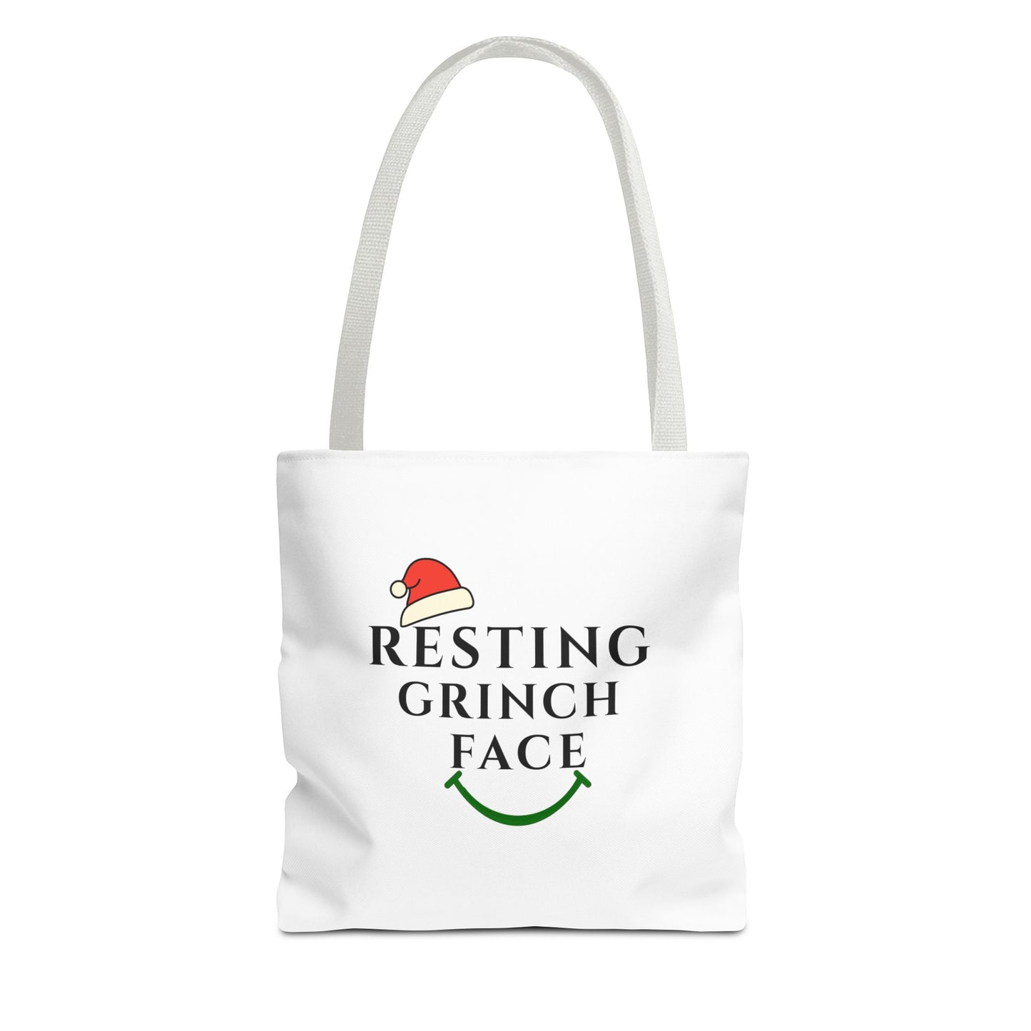 White tote bag with white handle and text 'Resting Grinch Face' on a white background