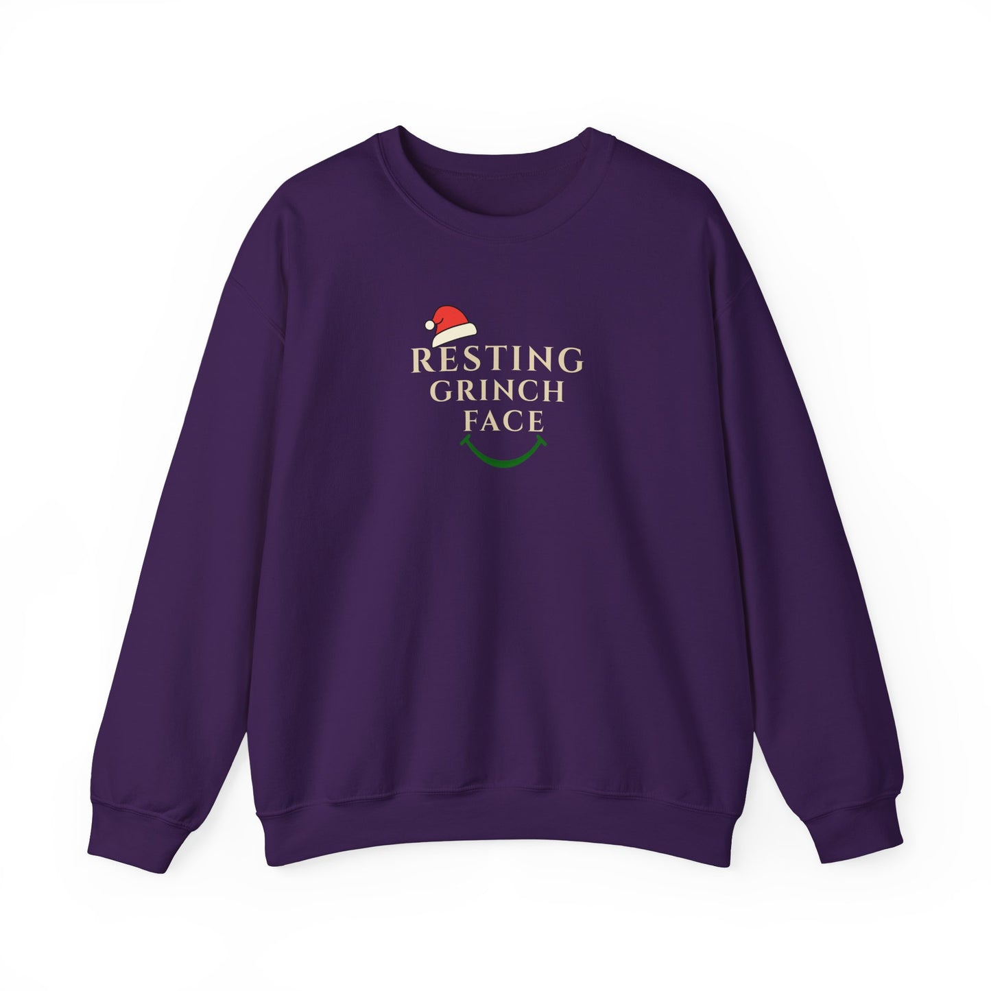Purple sweatshirt with 'Resting Grinch Face' text and graphic on a white background