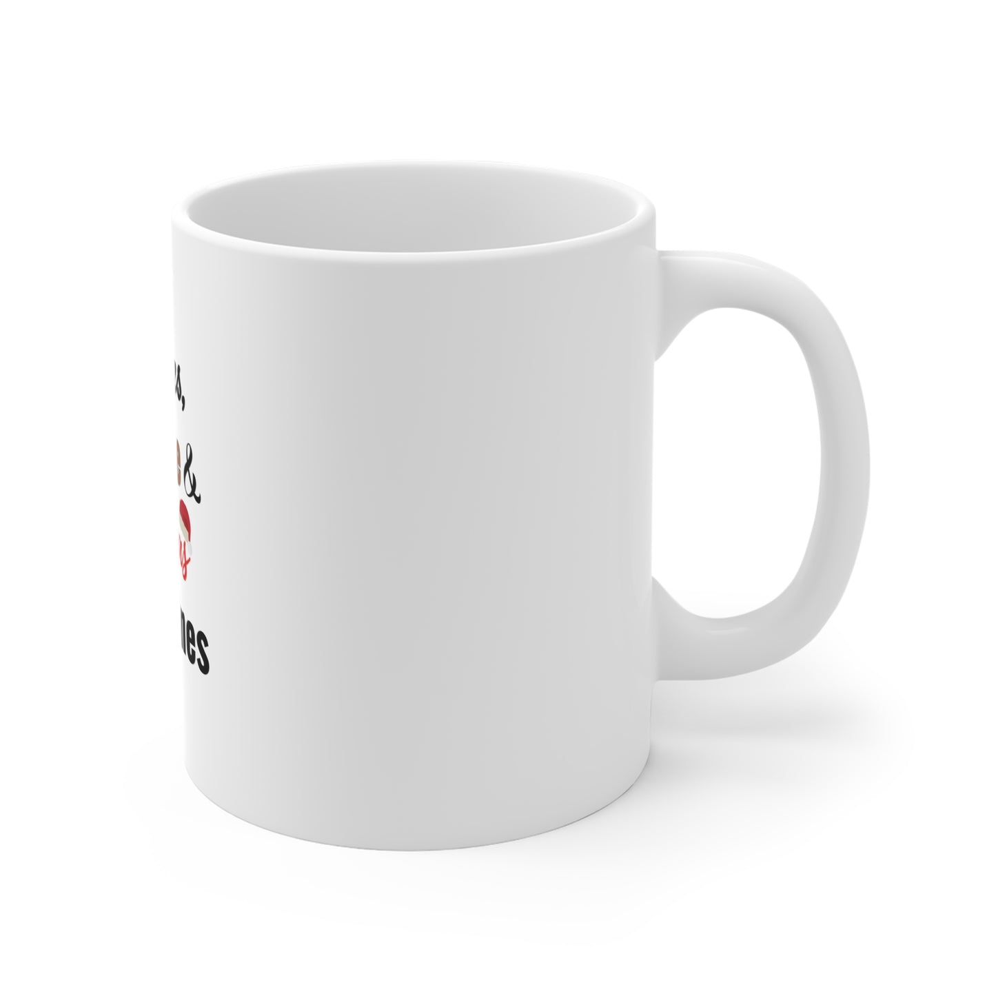 Righ side view of white mug with text and graphics on a white background