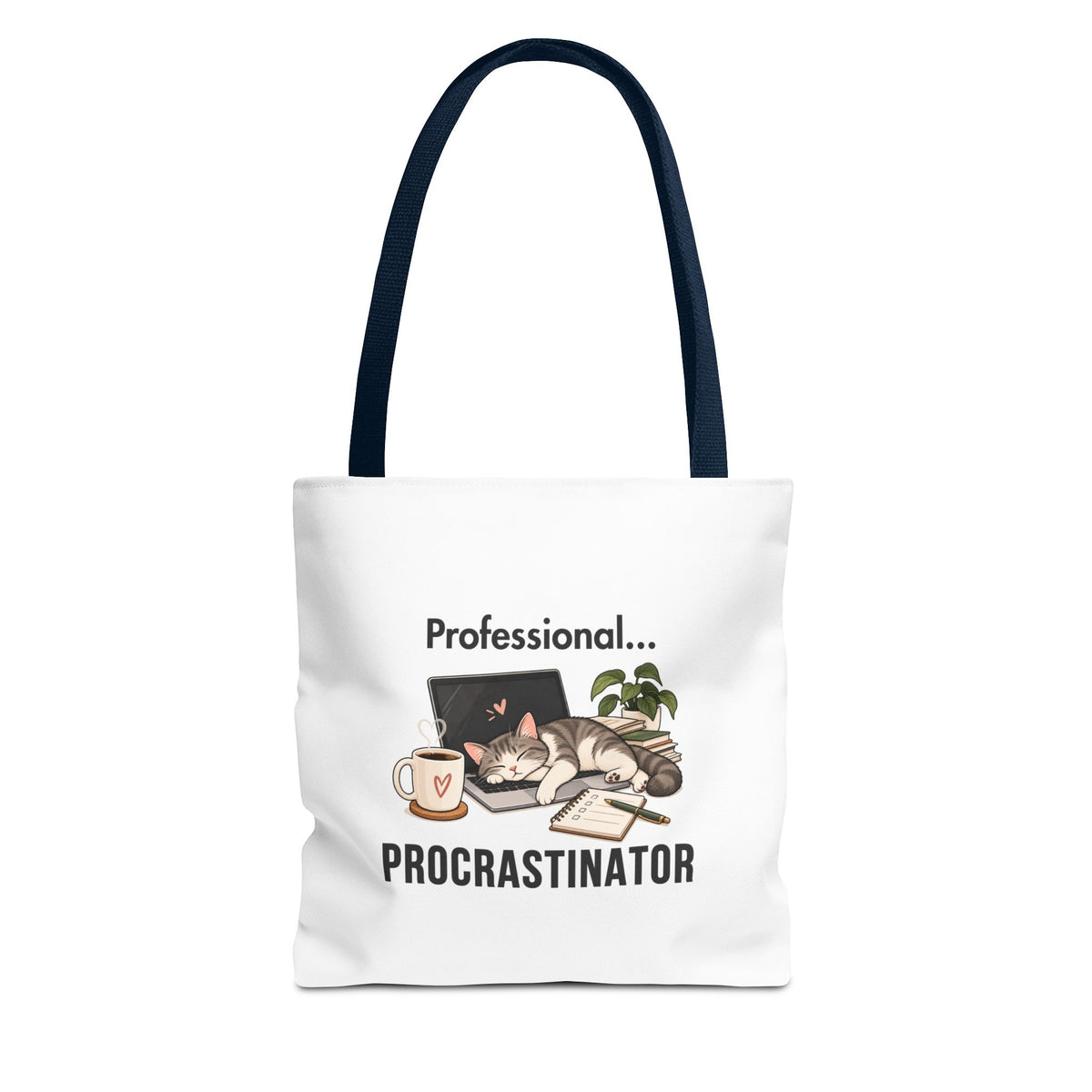 A white tote bag with navy shoulder straps, featuring the text 'Professional Procrastinator'