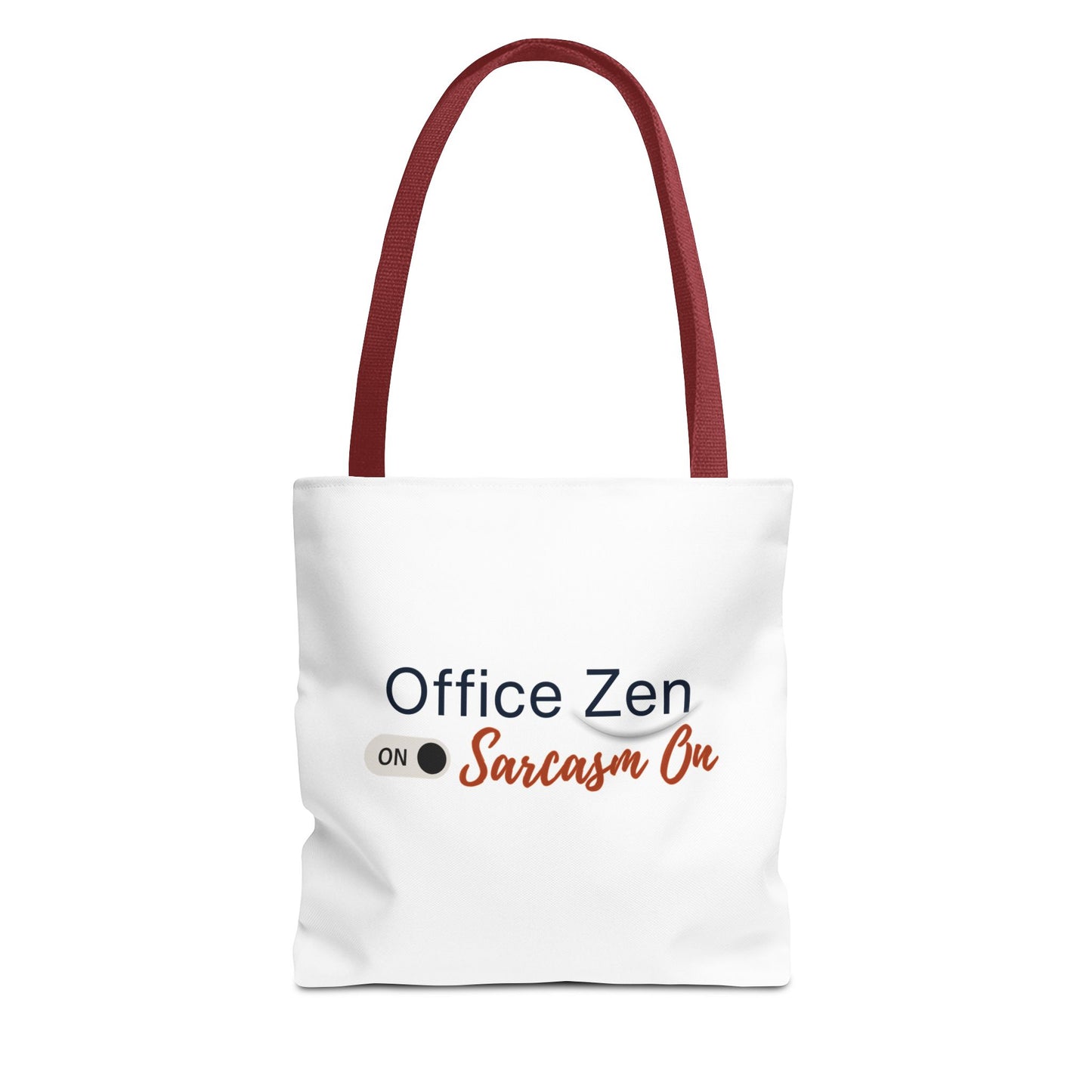 Tote bag with 'Office Zen on Sarcasm On' text and red handle on a white background