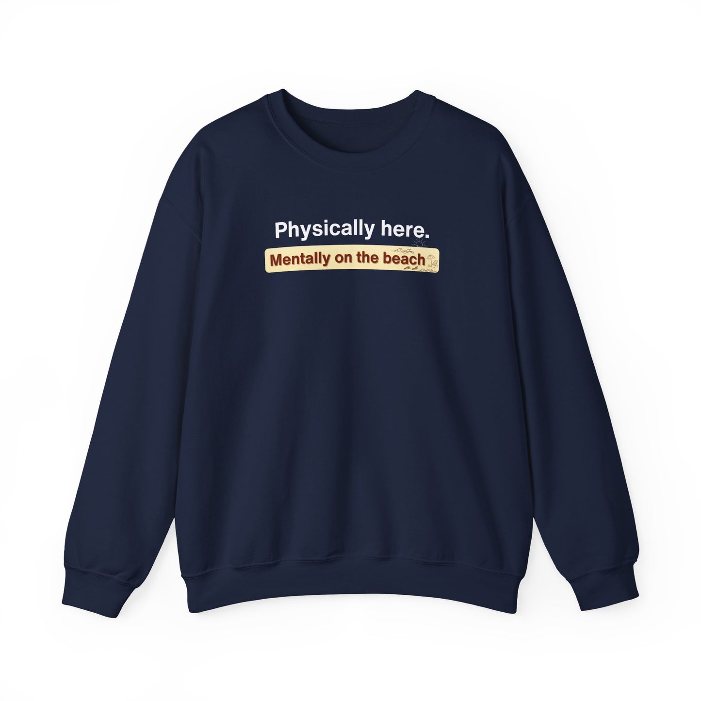 Navy blue sweatshirt with humorous text on a white background