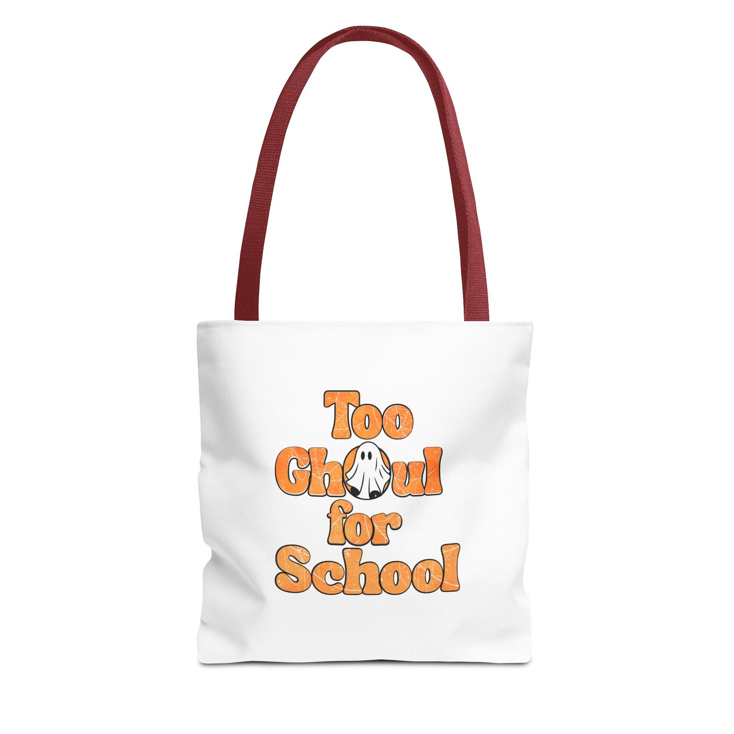 Tote bag with red handle and text 'Too Ghoul for School' on a white background