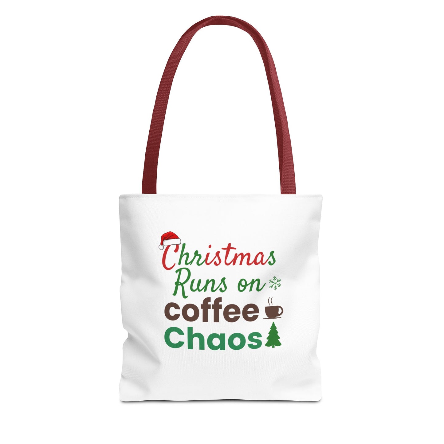 Tote bag with red handle and text 'Christmas Runs on Coffee Chaos' and graphics on a white background