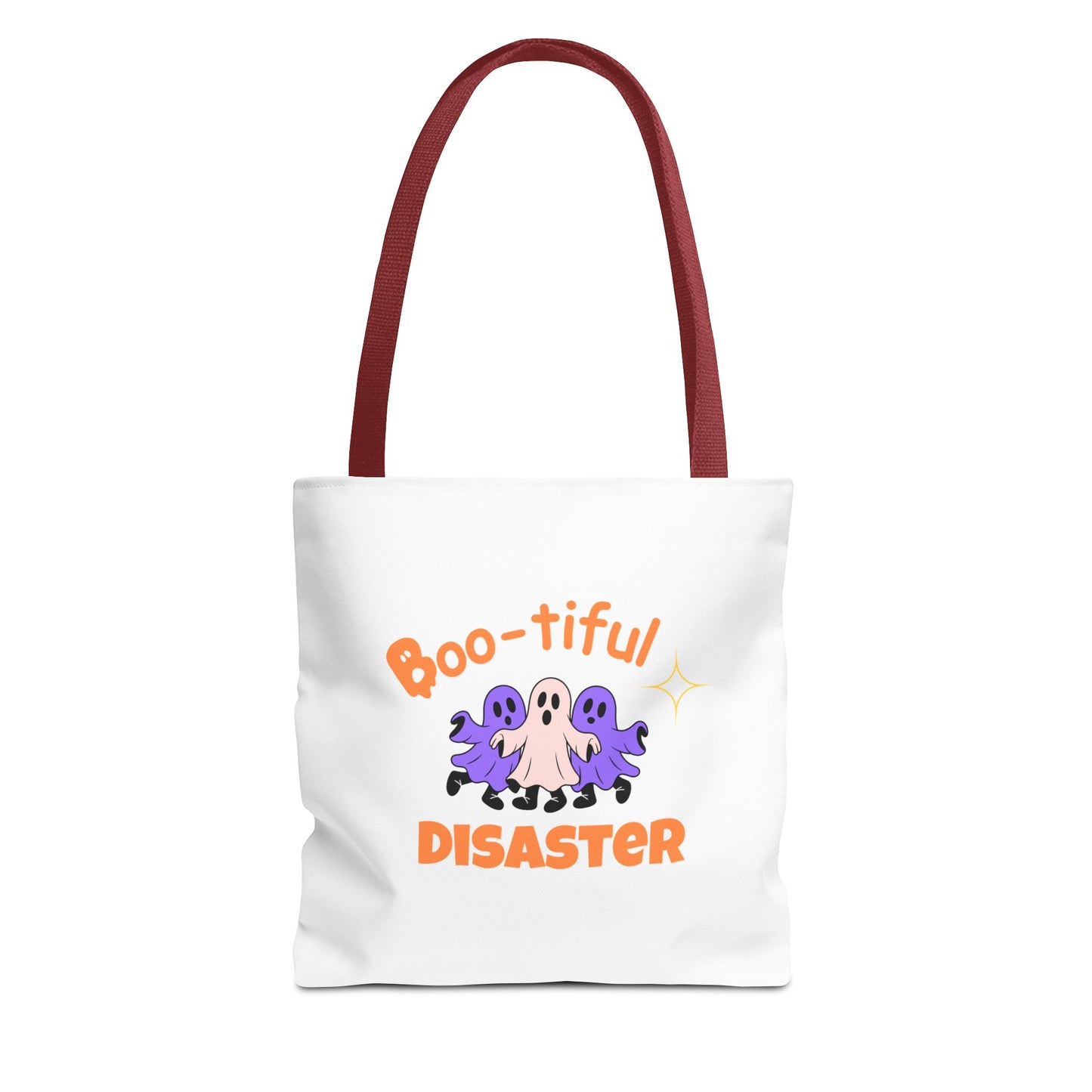 Tote bag with Halloween-themed design featuring ghosts and text 'Boo-tiful Disaster' on a white background