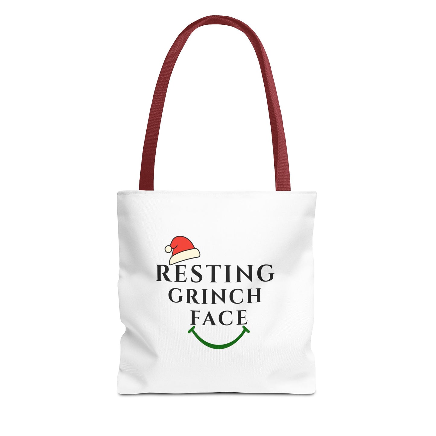 White tote bag with red handle and text 'Resting Grinch Face' on a white background