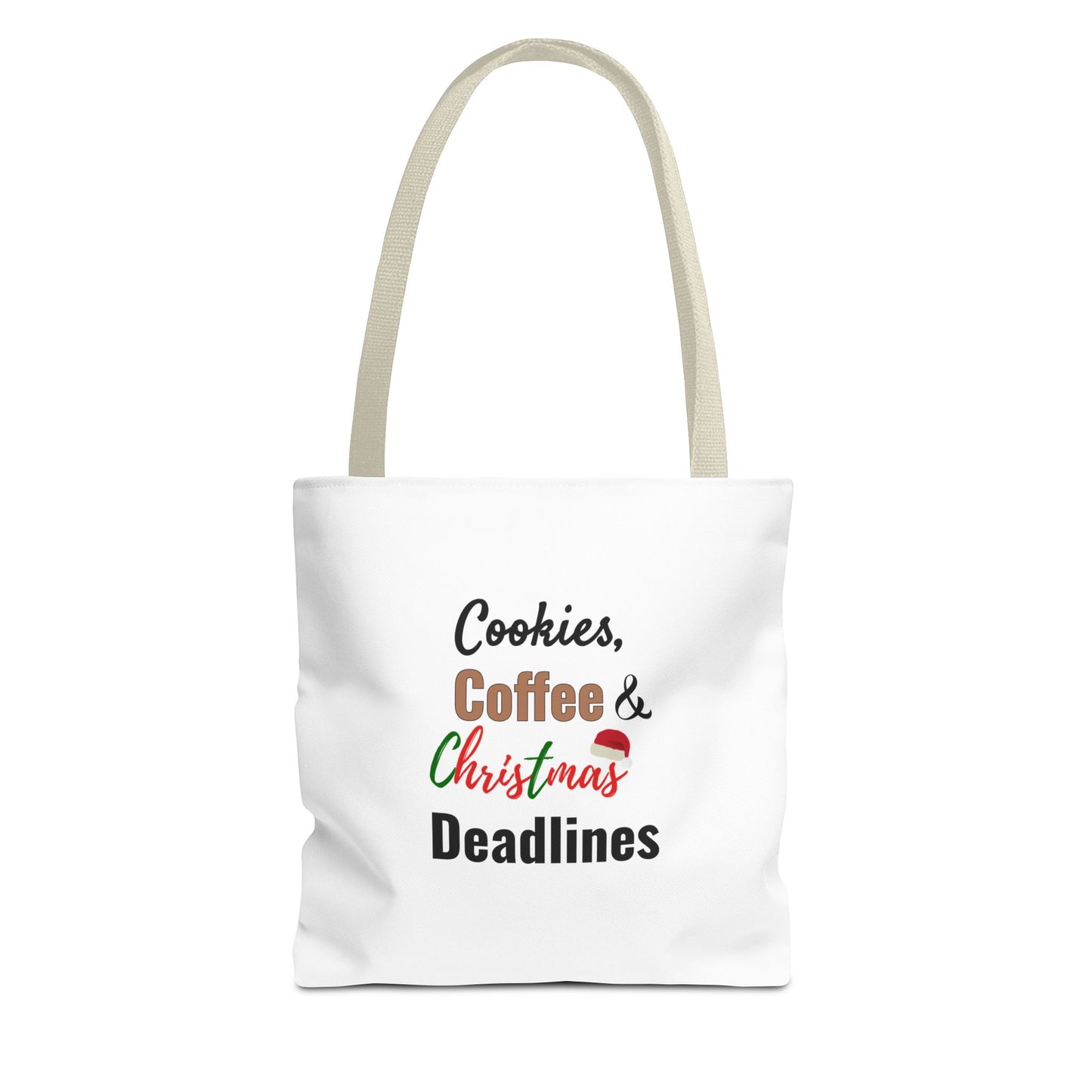 White tote bag with beige handle and text 'Cookies, Coffee & Christmas Deadlines' on a white background