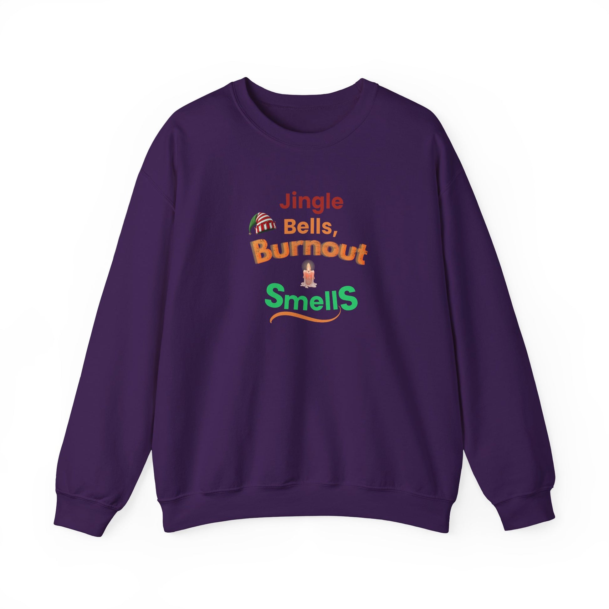 Purple sweatshirt with humorous text design on a white background