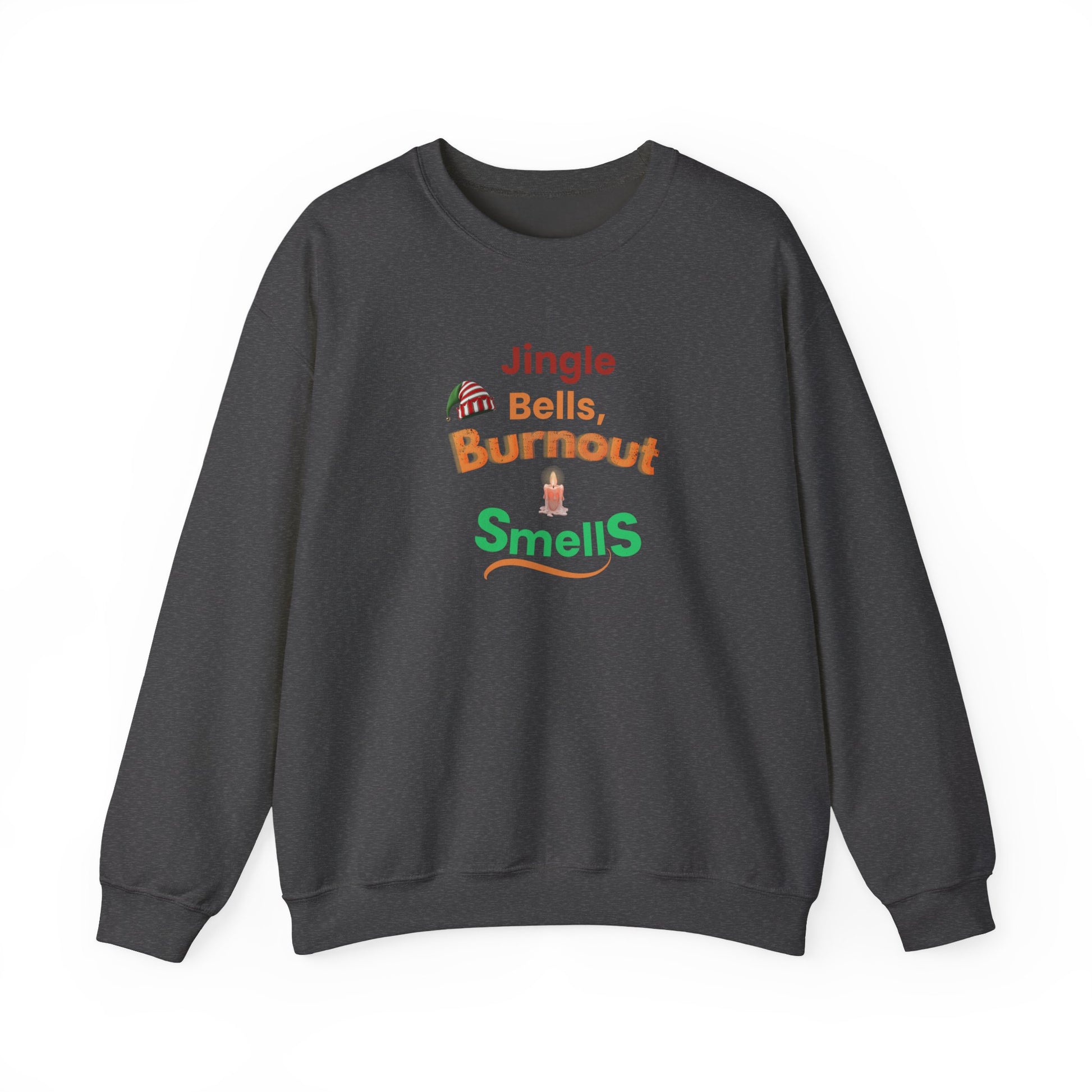 Dark gray sweatshirt with colorful text and graphics on a white background