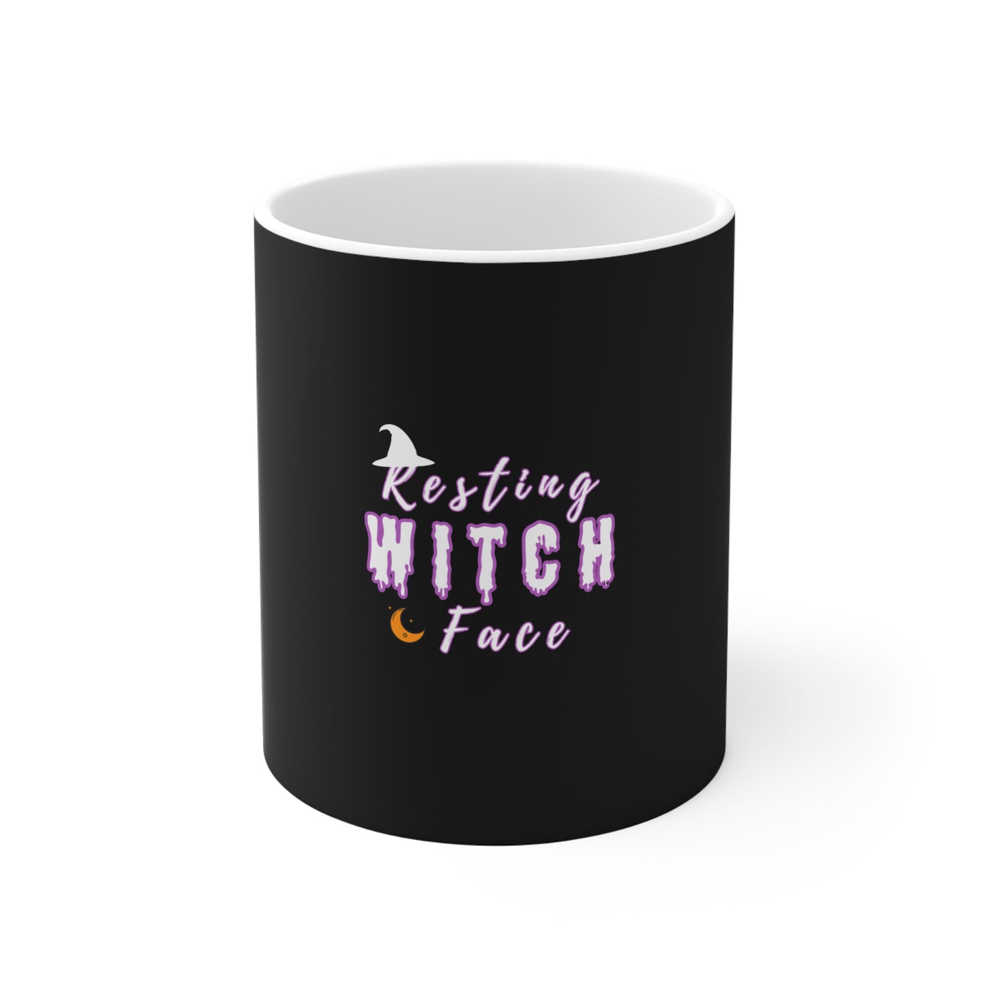 Black mug with 'Resting Witch Face' text on a white background