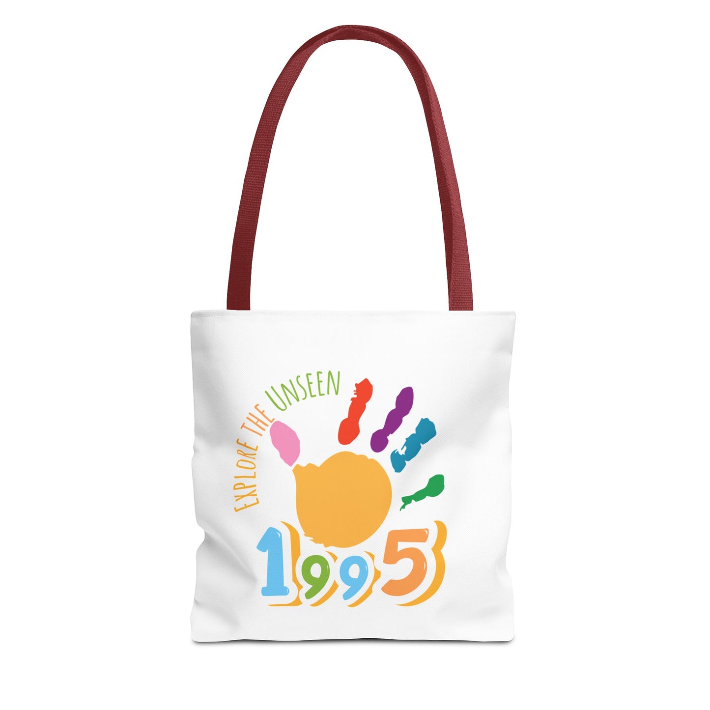 Explore the Unseen 1995 Tote Bag - Colorful Handprint Design